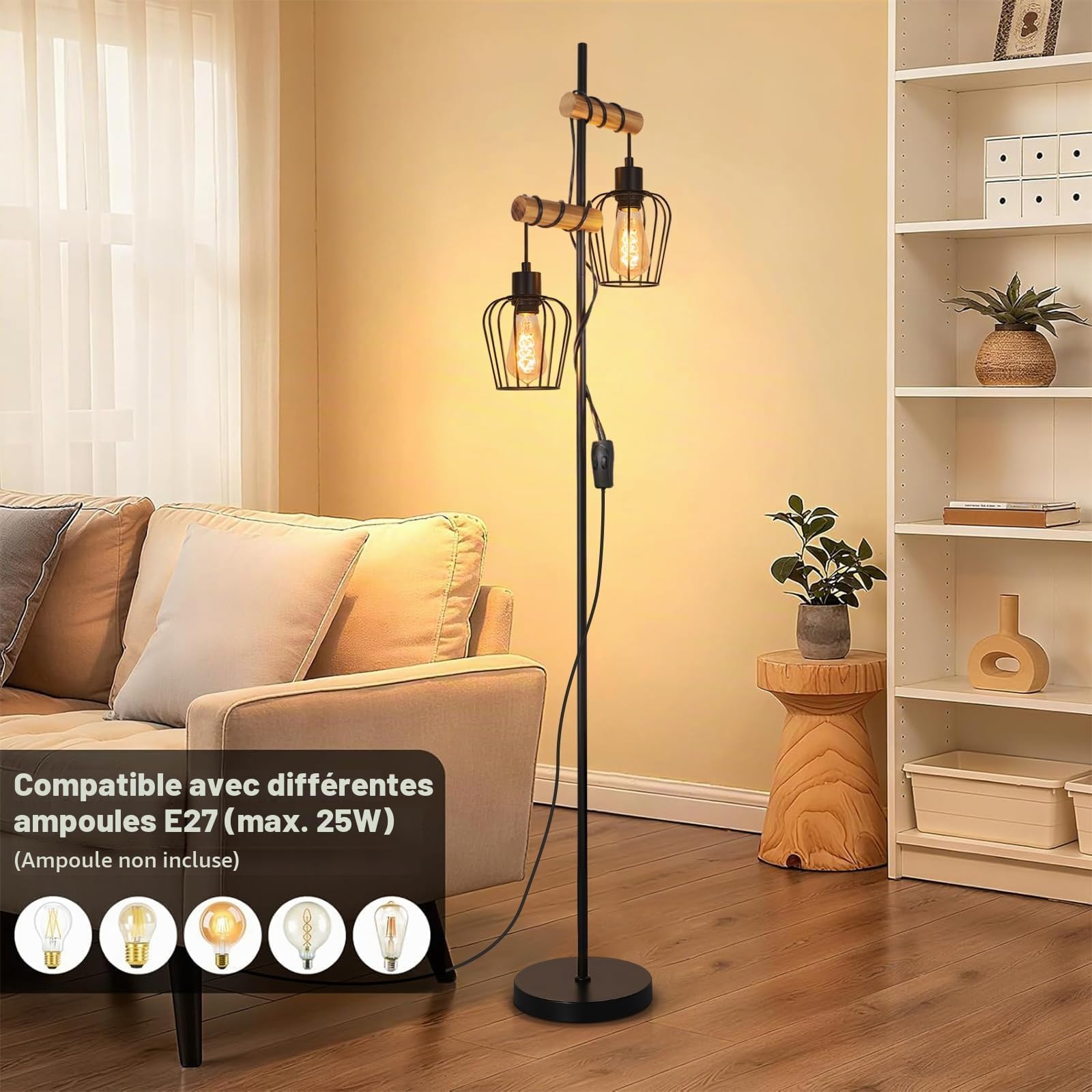 Lampadaire Vintage Industriel Bois et Métal pour Salon Chambre