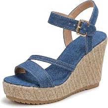 Women Denim Wedge Sandals Summer Casual Comfortable Beach Dressy Open Toe Concise Platform Sandal Ankle Strap Buckle Fashion Rome Espadrille Shoes