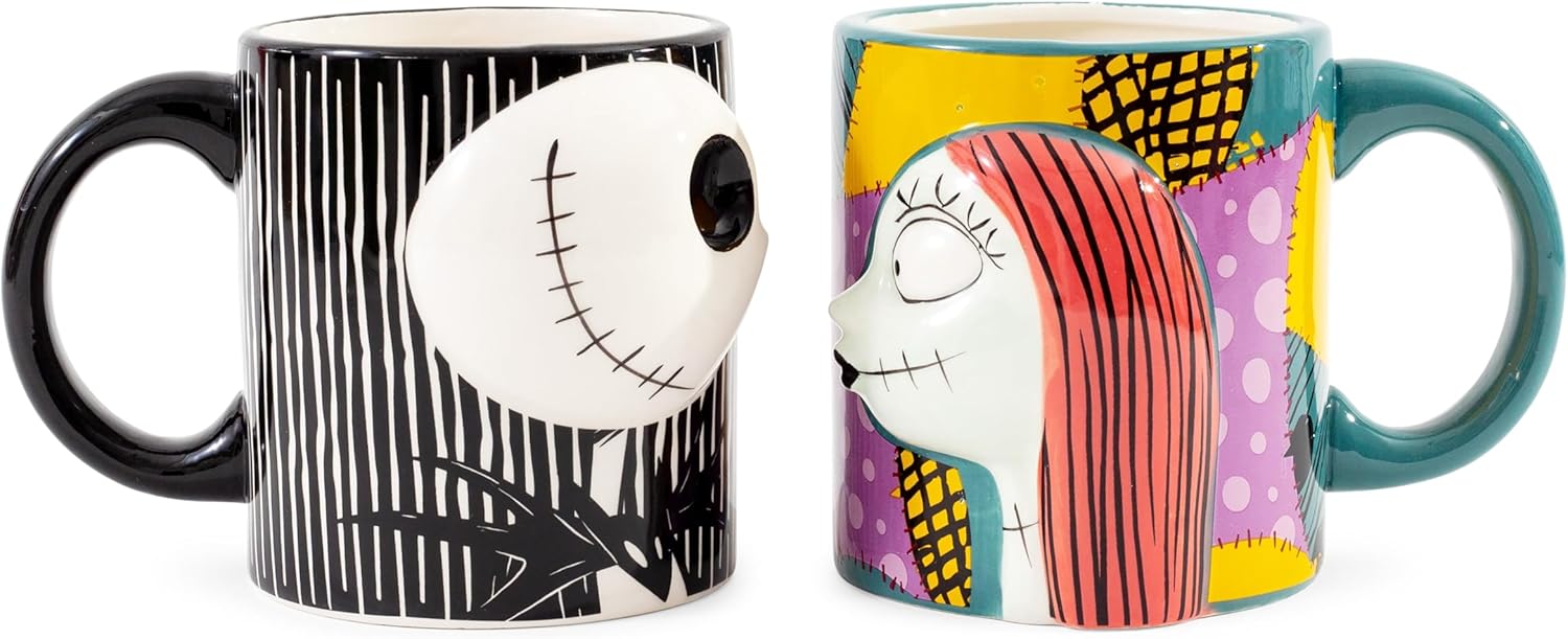 Silver Buffalo Disney Nightmare Before Christmas Jack and Sally Kiss 2 Pack Ceramic 3D Sculpted Mug Couple Set, 20 Ounces