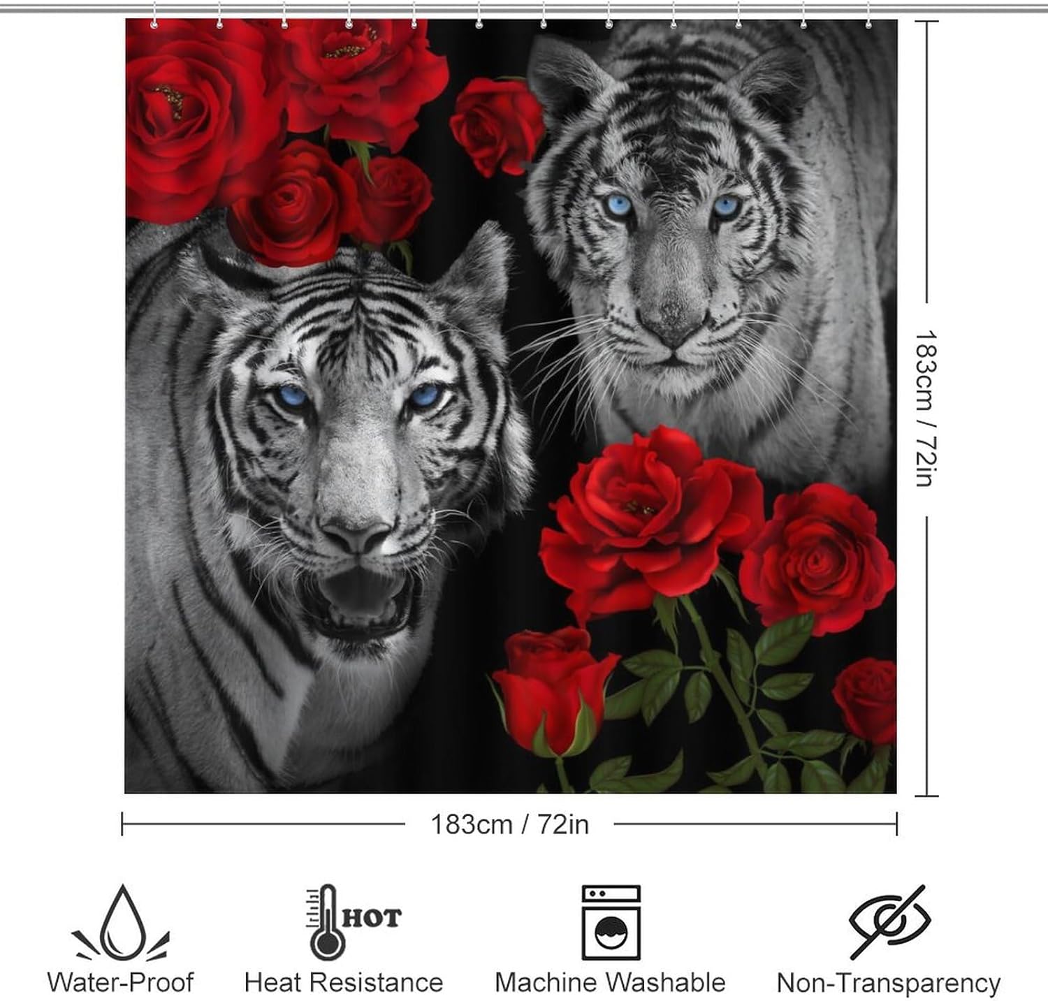 Brebasf White Tiger 4 Pcs Shower Curtain Bathroom Set Cool Forest Wild Animal Tiger Red Rose Floral Shower Mat Shower Curtain with Rug 12 Hooks,72" W x 72" L