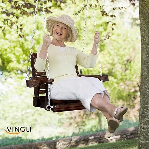 Miniatura 6 de VINGLI Columpio de madera resistente para porche de patio para 1 persona, de 440 libras, con asiento más profundo, respaldo más alto y portavasos