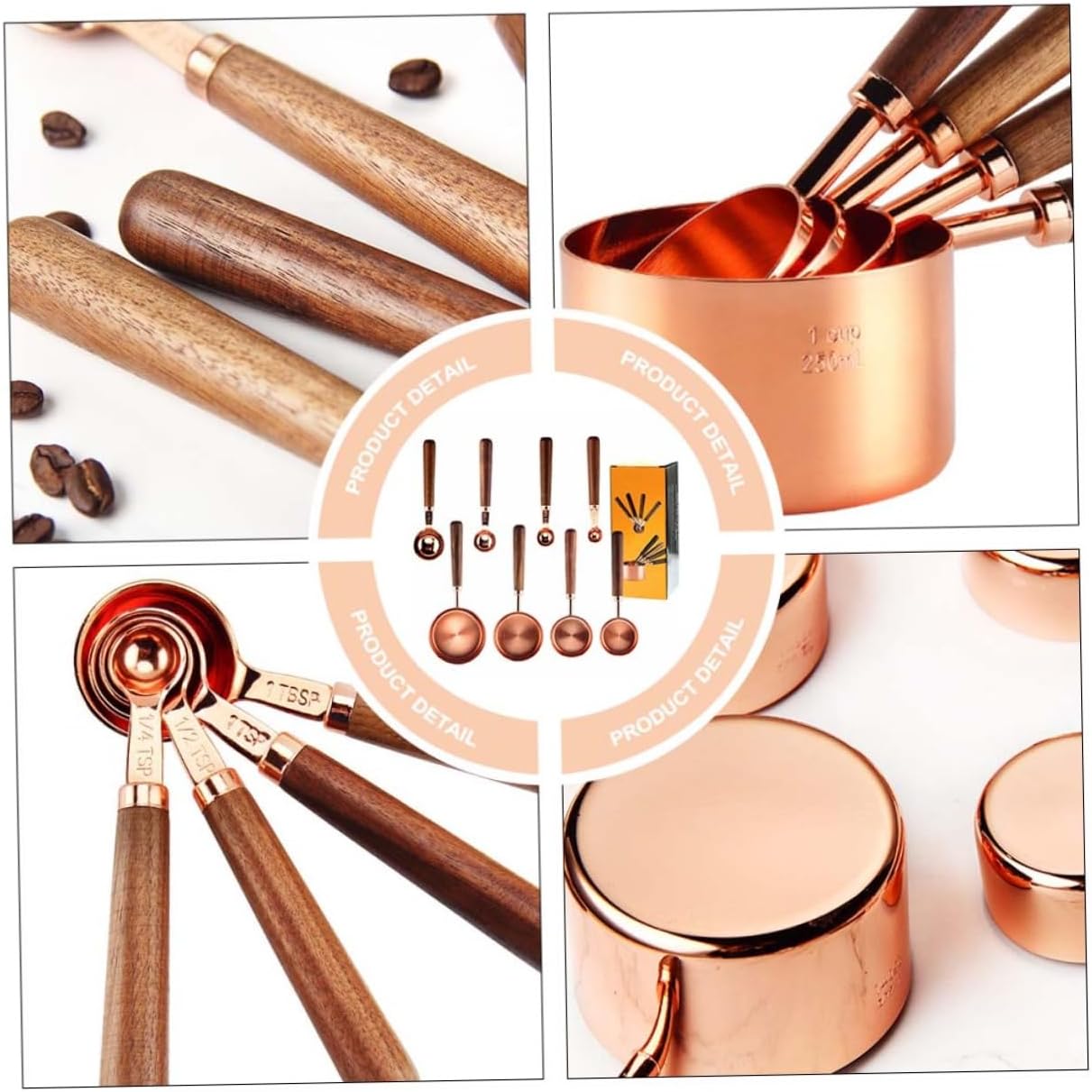 Cabilock Stainless Steel Measuring Cup and Spoons Walnut Handle Kitchen Tool Multifunctional Rose Gold
