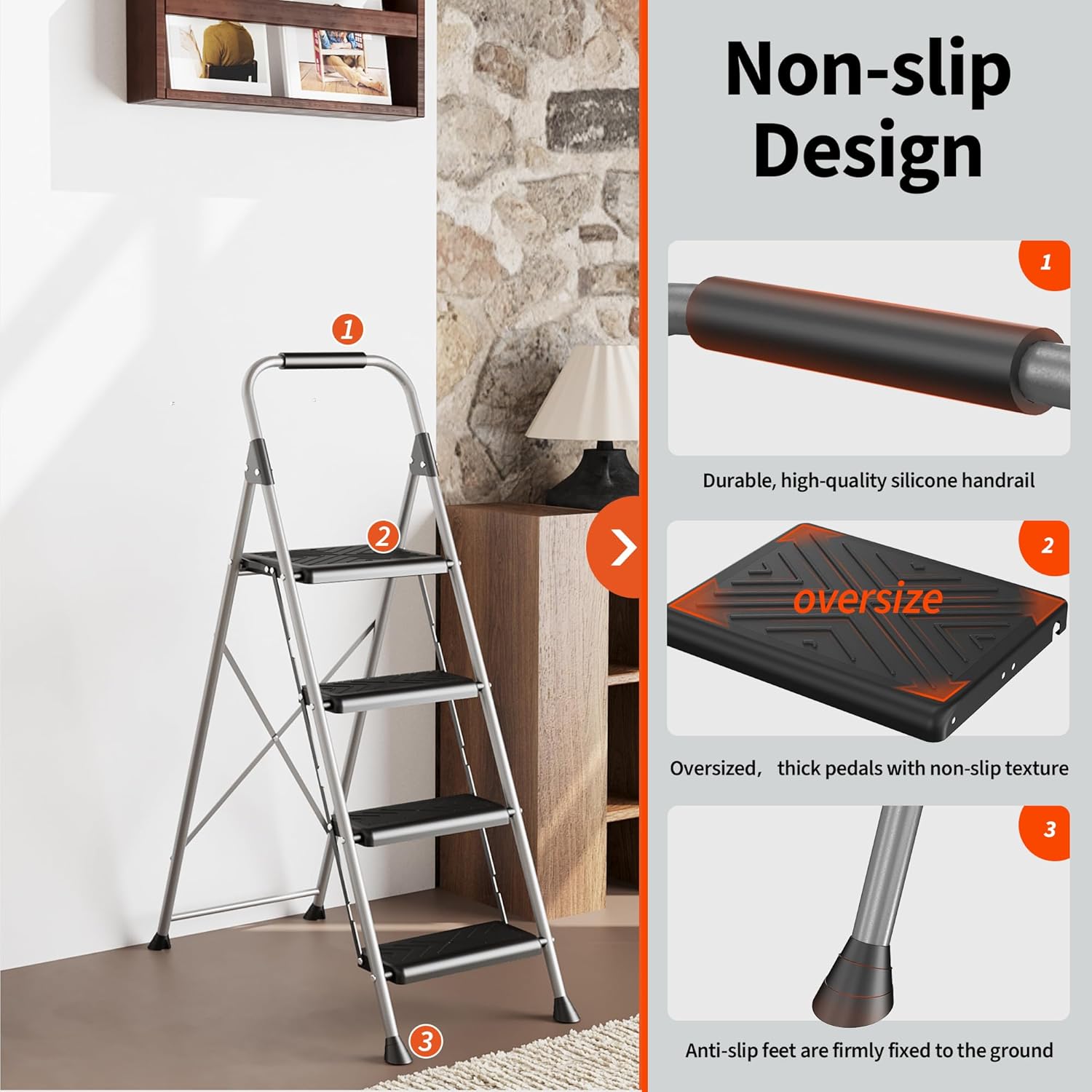 4 Step Ladder, Folding Step Stool with Anti-Slip Wide Pedal, Soft Handle,