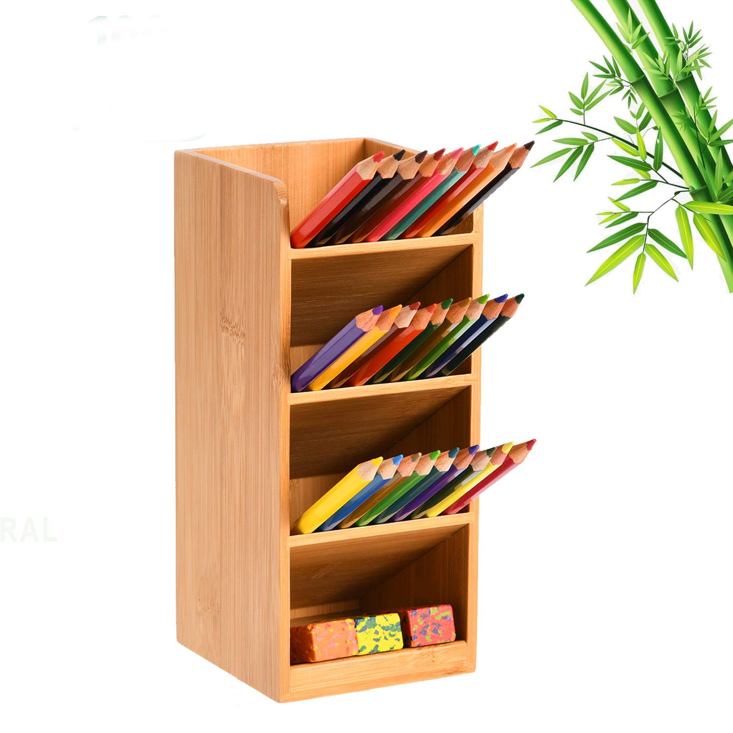 MarbrasseBamboo Pen Holder for desk, Multi-Functional Desk Organizer, Pen Organizer for Desk, Desktop Stationary Storage for School Home Office Art Supplies 1pcs