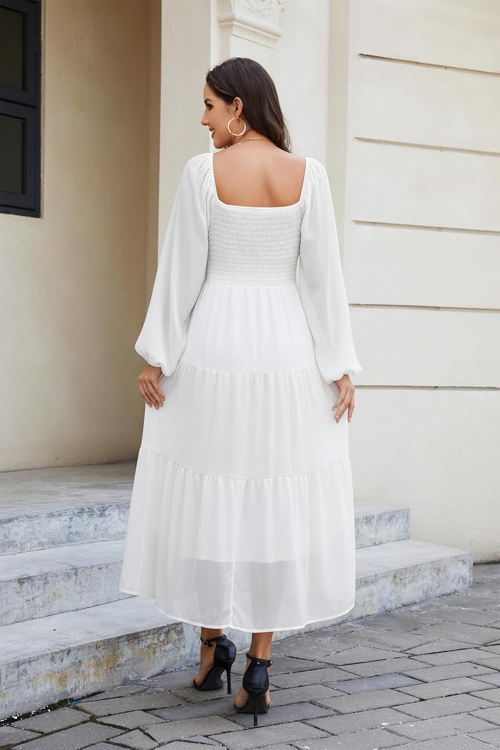 Boho Maxi Dresses for Women 2025 Long Sheer Sleeve Smocked Square Neck Chiffon Tiered Flowy Wedding Guest Fall Dress - Image 5