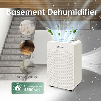 HUMSURE 4500 Sq. Ft 100 Pints Dehumidifier for Basement and Home, Bathroom, Bedroom, Equipped With Drainage Hose, Automatic Defrosting, 24-Hour Timer Function