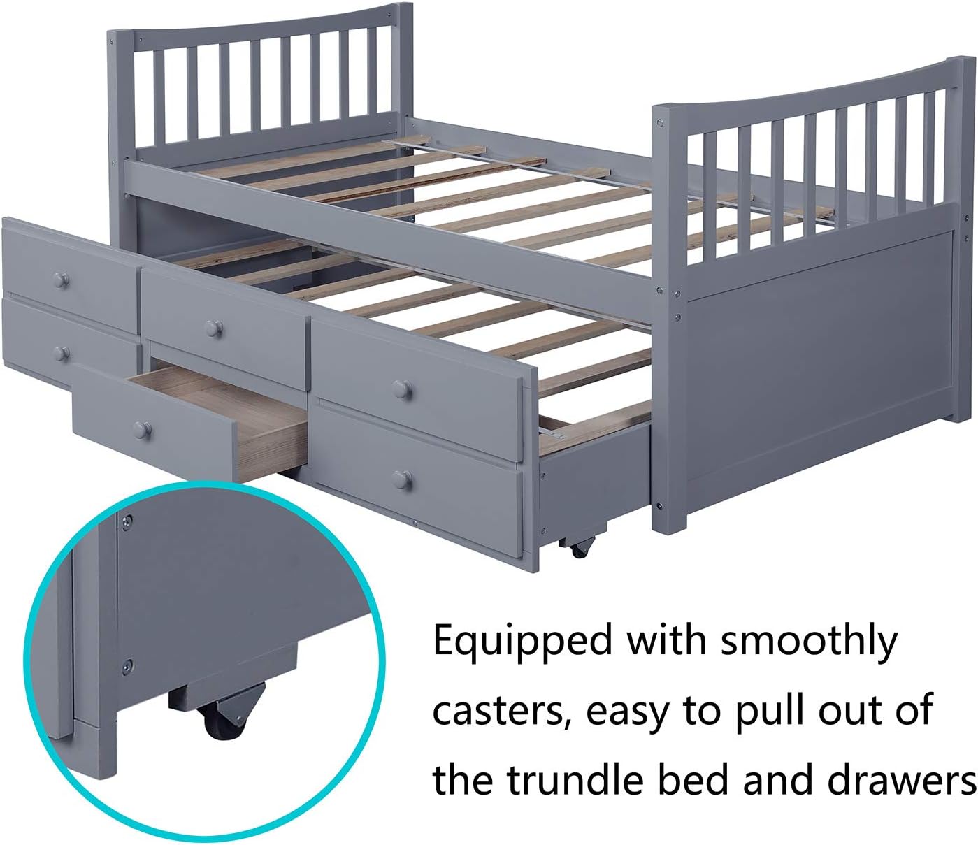 P PURLOVE Twin Size Daybed with Trundle,Wood Daybed Frame with Storage Drawer,Twin Trundle Daybed Frame with Slat for Living Room,Bedroom,Gray