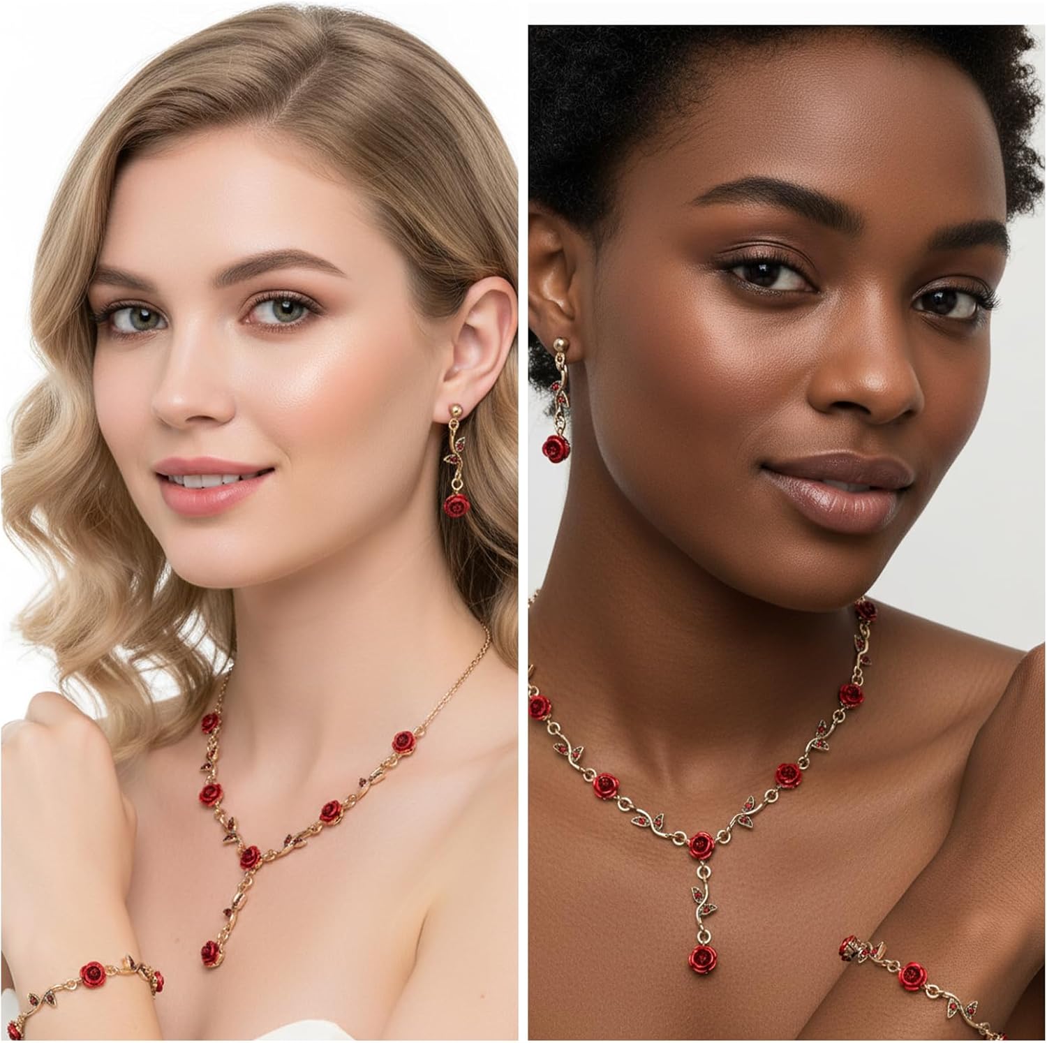 3 Pack Red Rose Jewelry Set Vintage Rose Flower Necklace Pendant Bracelet Dangle Earrings for Women Wedding Prom Valentine Birthday Mother Day Gift - Image 7