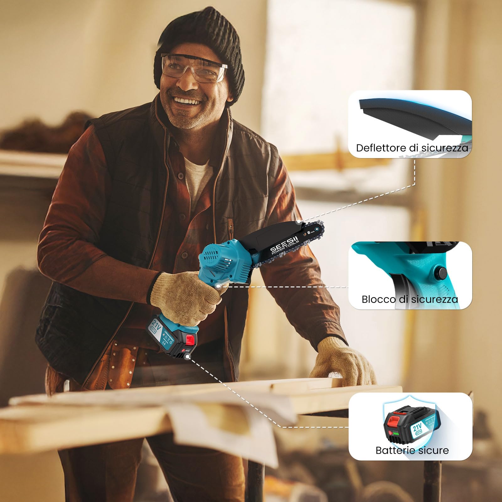 SEESII Mini Motosega a Batteria 8000mAh, 900W 6 Pollici Sega Elettrica per Potatura con Pompetta Olio e Catena di Ricambio, Motosega da Potatura per il Taglio del Legno Giardini, M6 Pro