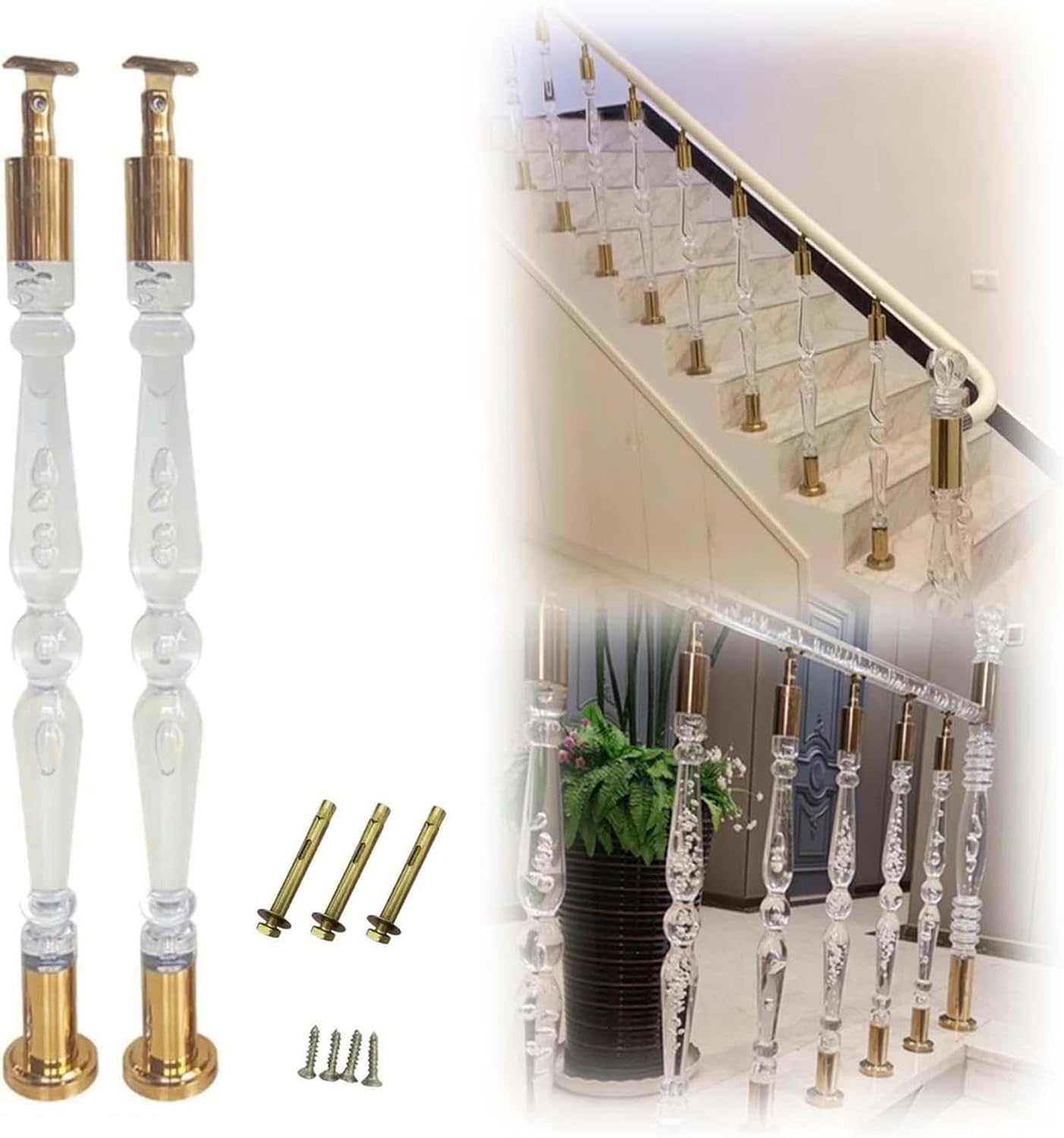 Stair Balusters, 2 Pack Clear Acrylic Stair Balusters with Mounting Hardware, Deck/Staircase Railing Baluster Spindles, Decorative Indoor Balustrades Posts