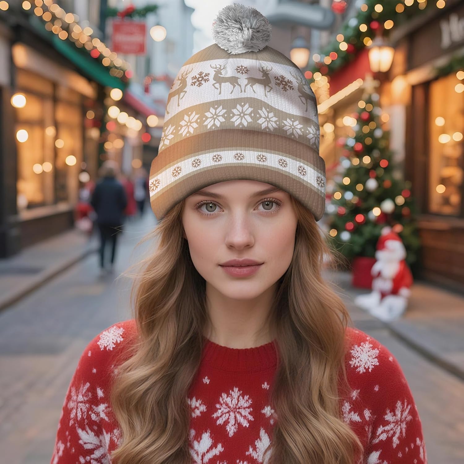 Winter Reindeer Knit Beanie for Adult Men Women, Brown White Snowflake Cuffed Stretchy Woolen Yarn Warm Hat with Pompom, Christmas Soft Knitted Crochet Cap - Image 4