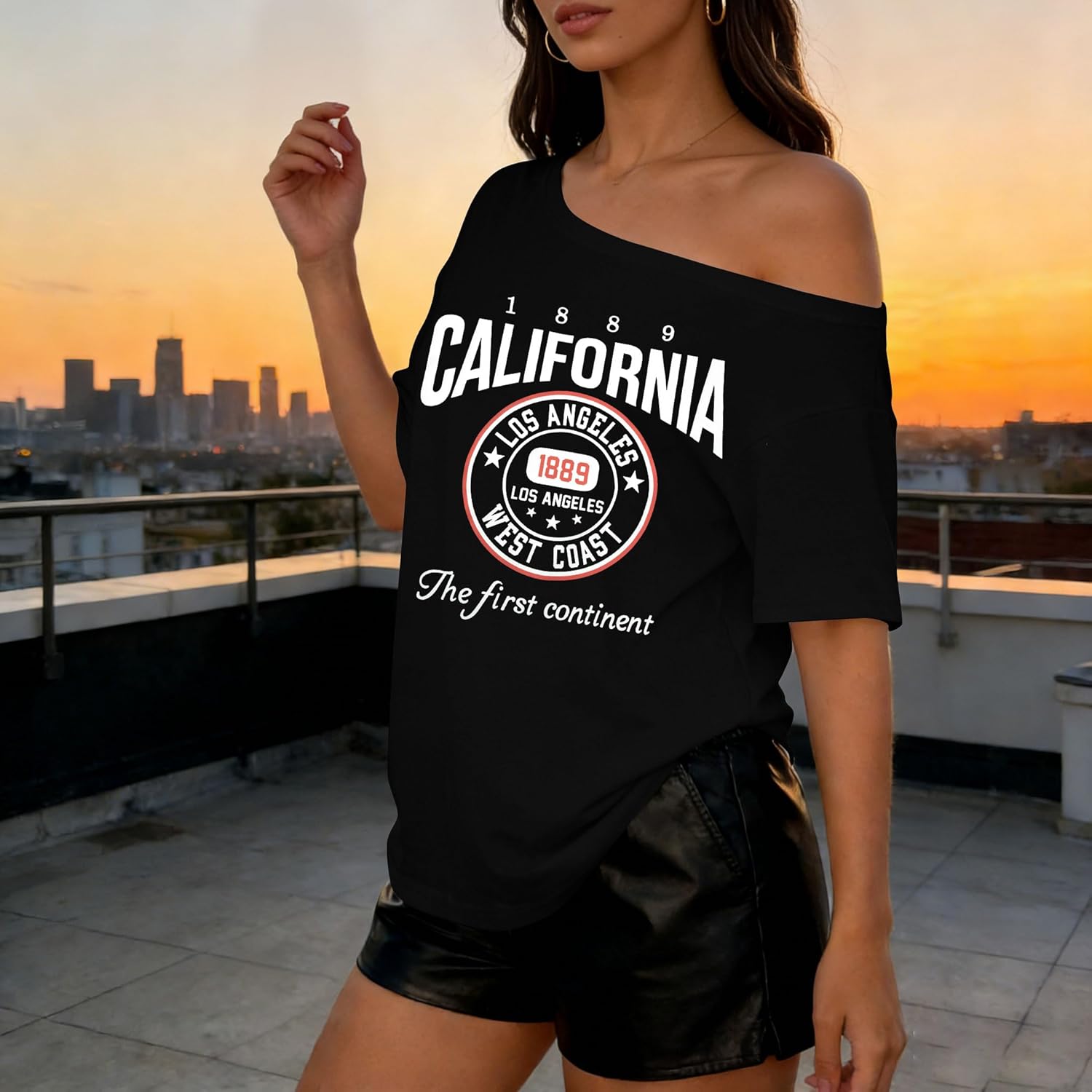 TAOHONG Women Off The Shoulder Tops California Graphic Short Sleeve Tees Casual Summer Vacation Shirts Letter Print T Shirts - Image 6