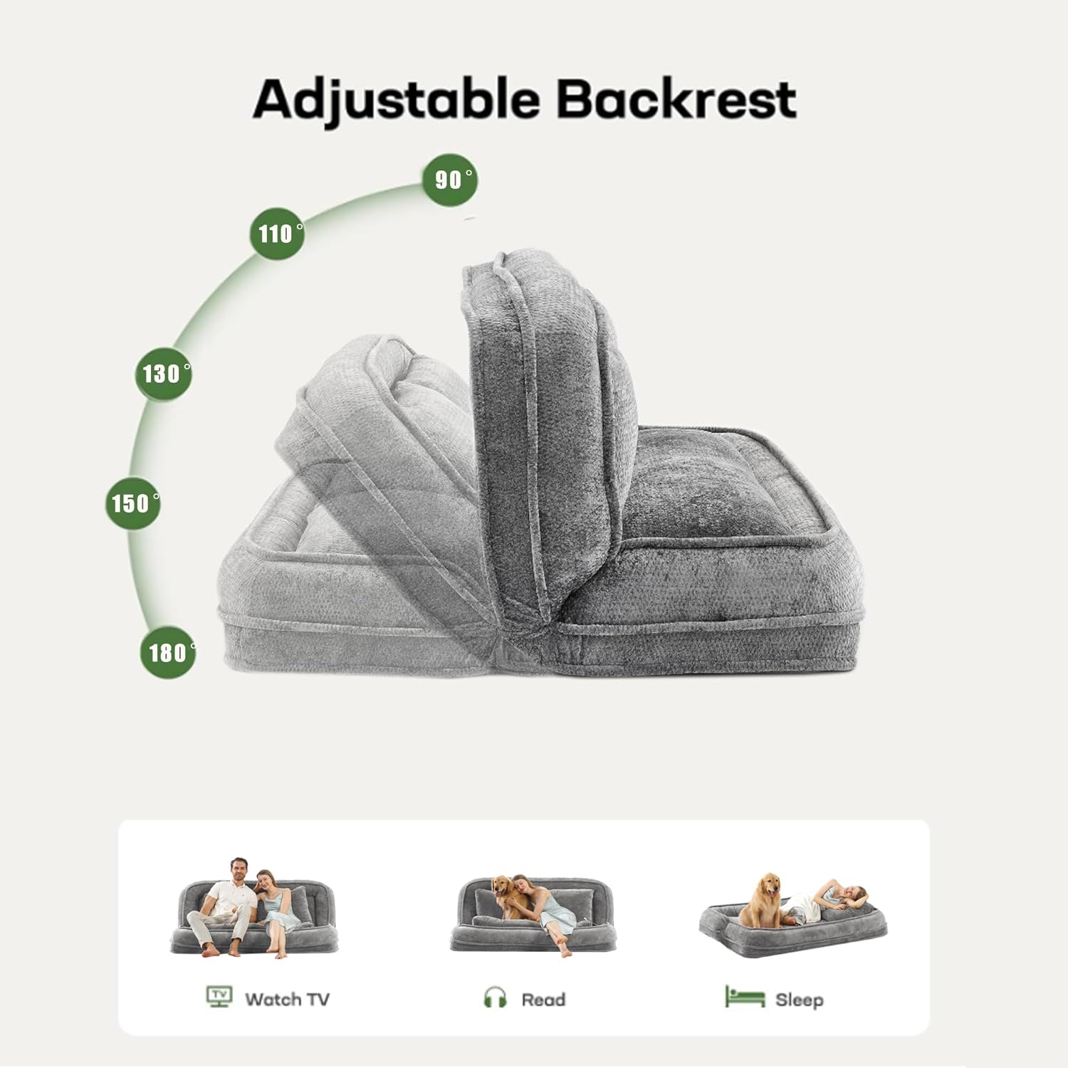 71'' Human Dog Bed, Upholstered Lounge Loveseat Chair, Floor Chair with Back Support, 5 Adjustable Position Folding Sofa for Adults & Pets, Lazy Sofa Bed for Living Room Game Room, Light Gray