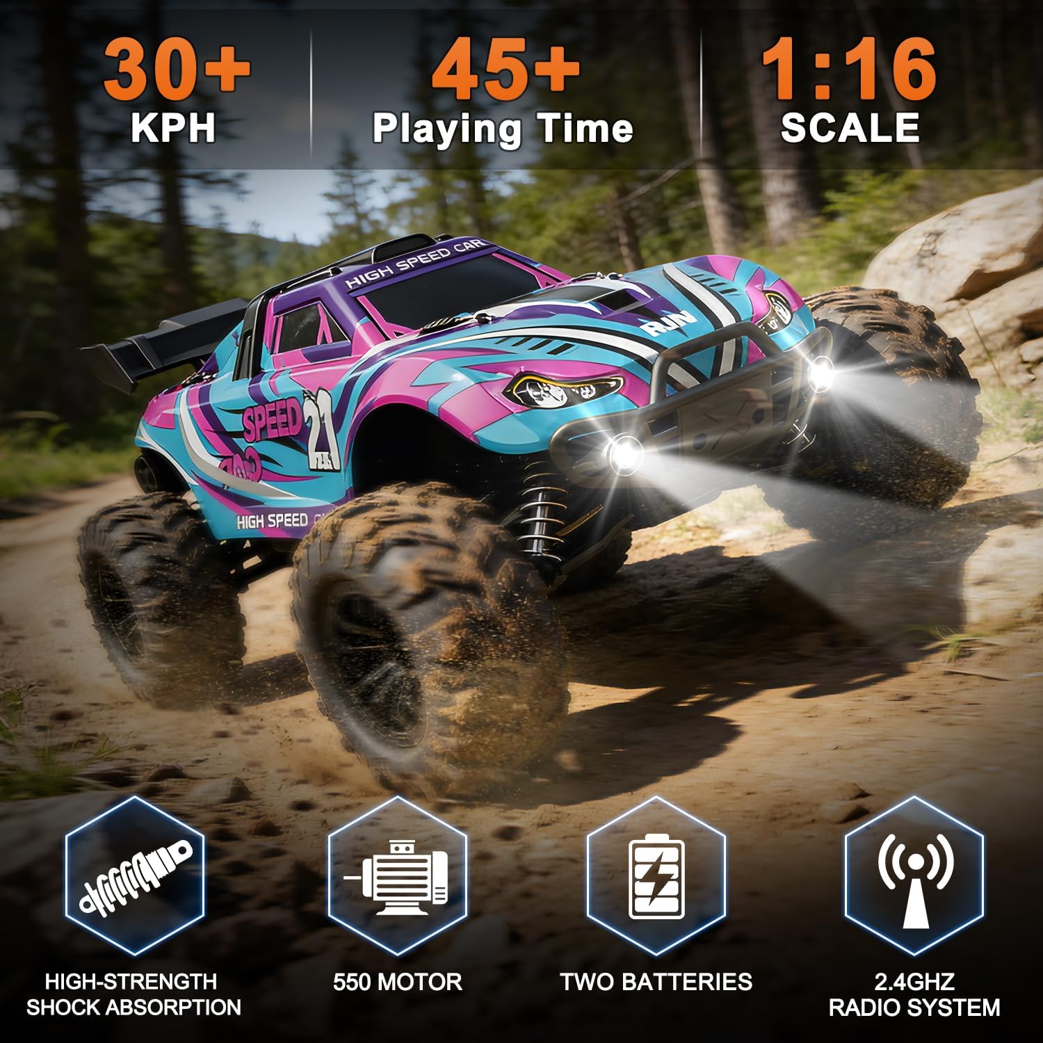 Fast Remote Control Car,Movglow RC Truck 1:16 4WD Carbon Brush for Adult Two Batteries Max30+KPH 2.4GHz Remote Control with No Delay High Speed Off-Road All Terrains RC Car for Professional Enthusiast