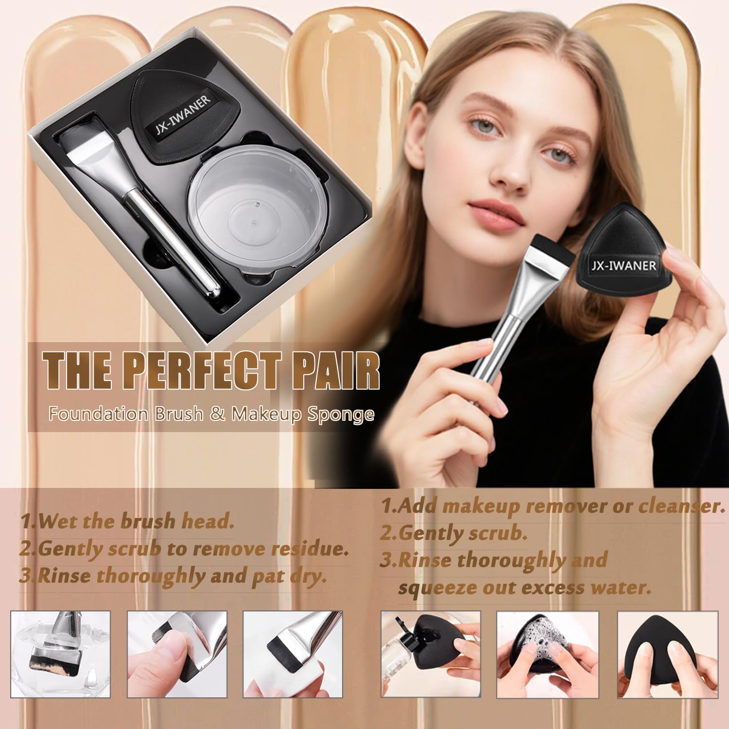 Flat Foundation Brush + Makeup Sponge, Korean Makeup Set Liquid Foundation Concealer Brush and Makeup Sponge for Blending, Cream, Premium Face Makeup