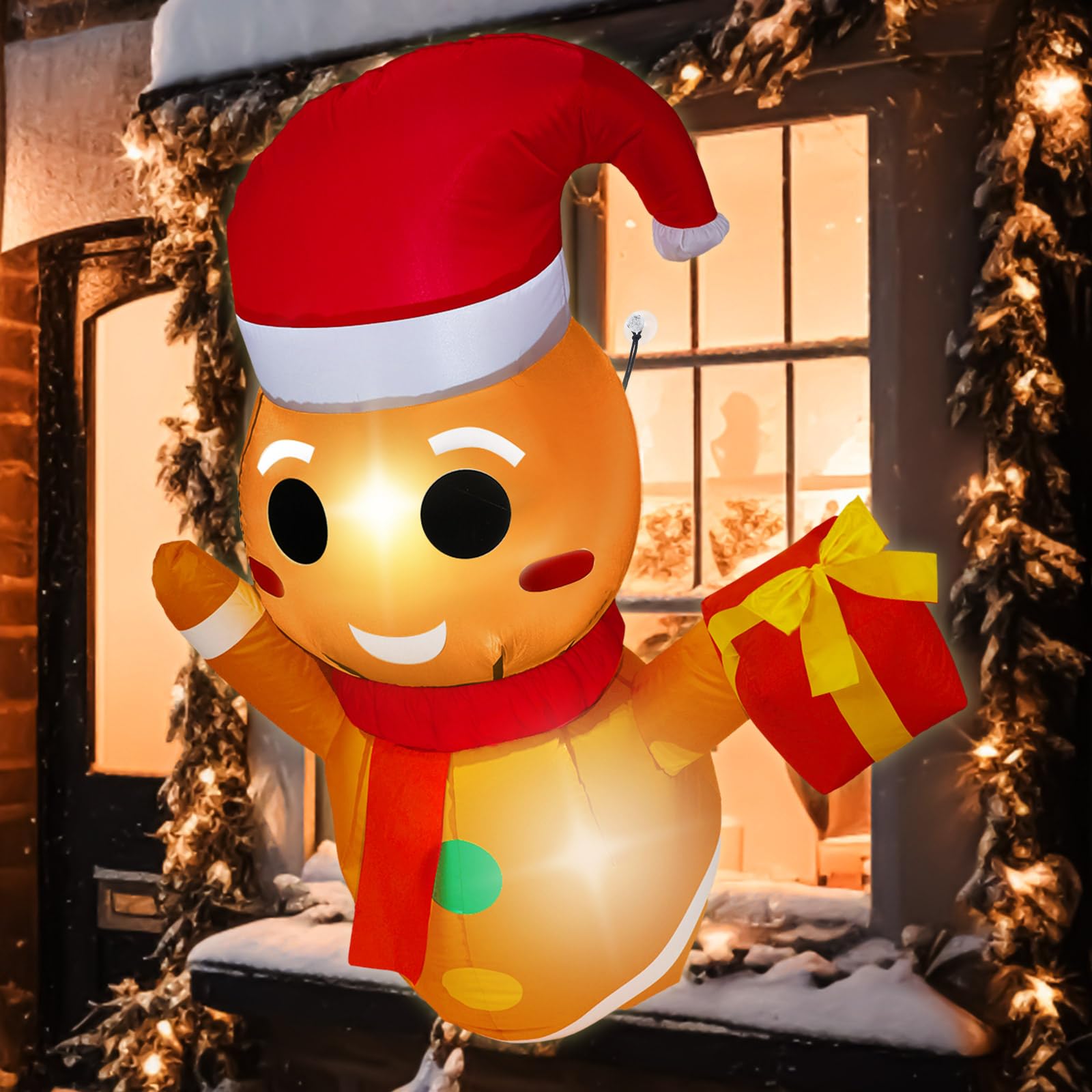 Wettarn 3.5ft Christmas Inflatable Gingerbread Man with Gift Box Gingerbread Man Blow up Window Decoration with Build in LED and Fan for Outside Yard Christmas Party