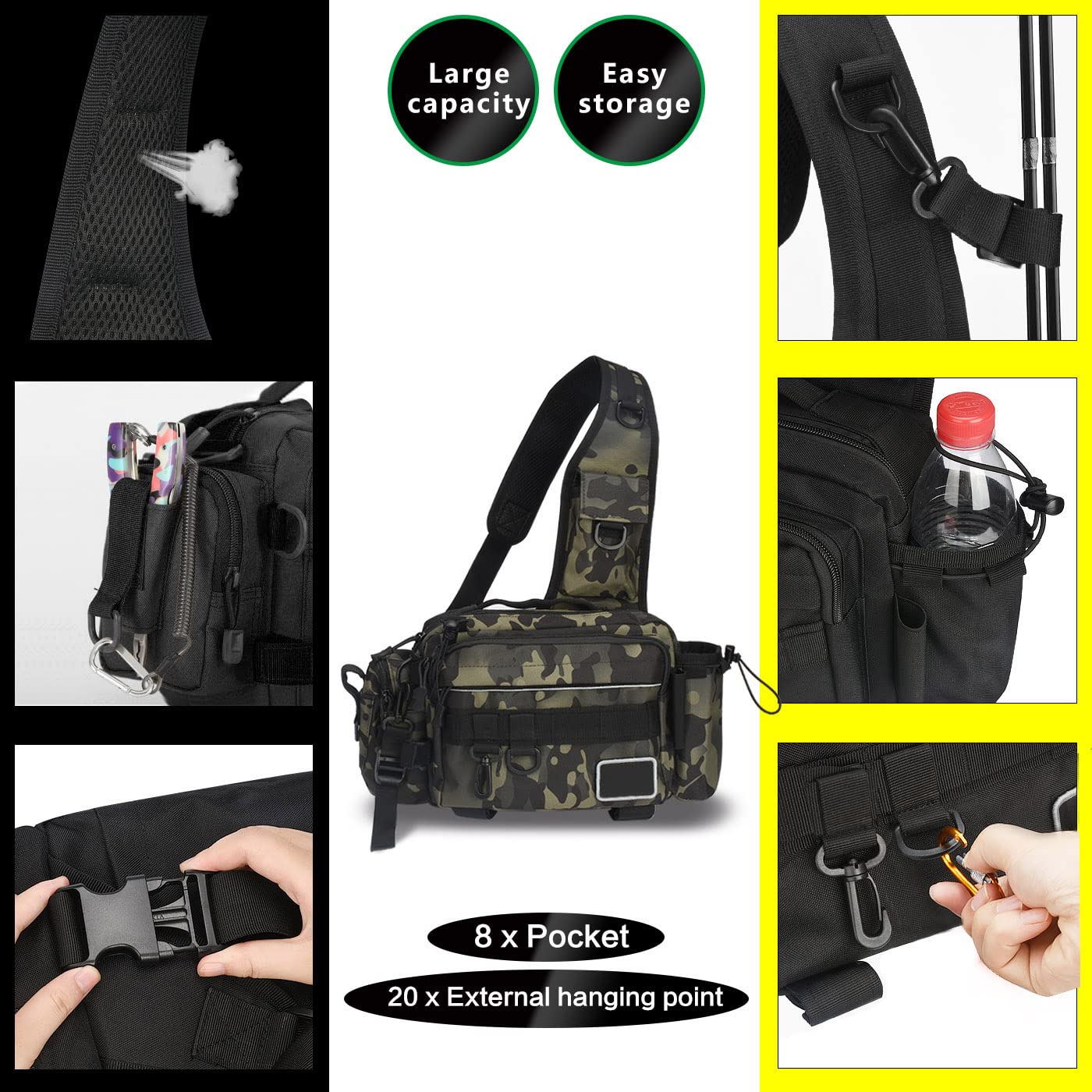 Borsa da pesca Sling Borsa impermeabile resistente Zaino per accessori da pesca con 4-moschettone