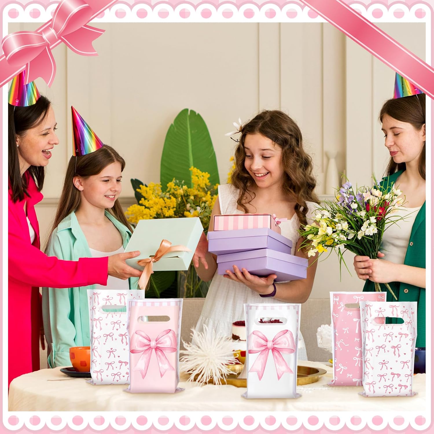 100 Pcs Pink Bow Party Favor Bags Birthday Candy Treat Plastic Gift Bags Coquette Goodie Packet Decoration for Wedding Birthday Bridal Baby Shower Bachelorette Party Supplies - Image 6