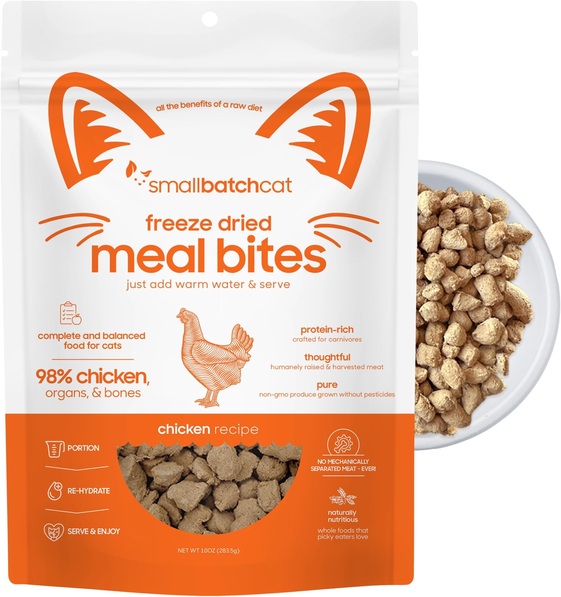smallbatch Freeze-Dried Raw Cat Food, Shelf Stable Food Bites, Chicken Recipe, High Protein Meal or Topper for Cats, Humanely Raised Meat, Organic, Non-GMO Produce, Made in the USA, 10oz Bag