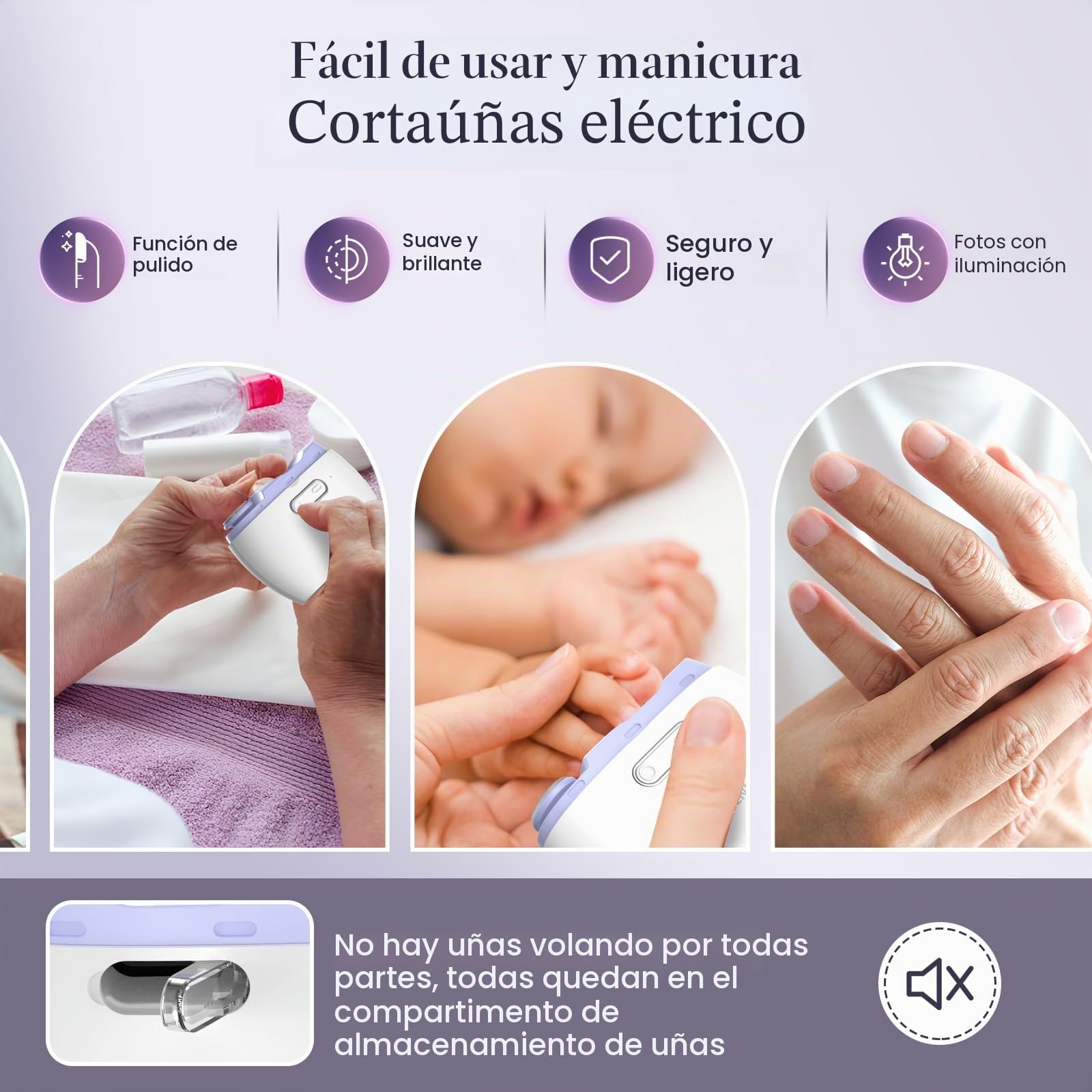 Cortaúñas eléctrico automático, lima de uñas portátil, sin ruido, restos de uñas, cubierta de uñas, lijado y pulido, 2 en 1, fácil operación, luz LED, cortador de uñas, cortador de uñas para niños