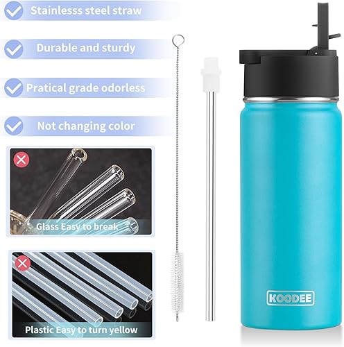 Miniatura 6 de Koodee - Botella de agua de acero inoxidable con tapa para popote, termo de boca ancha de 32 oz con doble pared, aislada al vacío, para deportes,