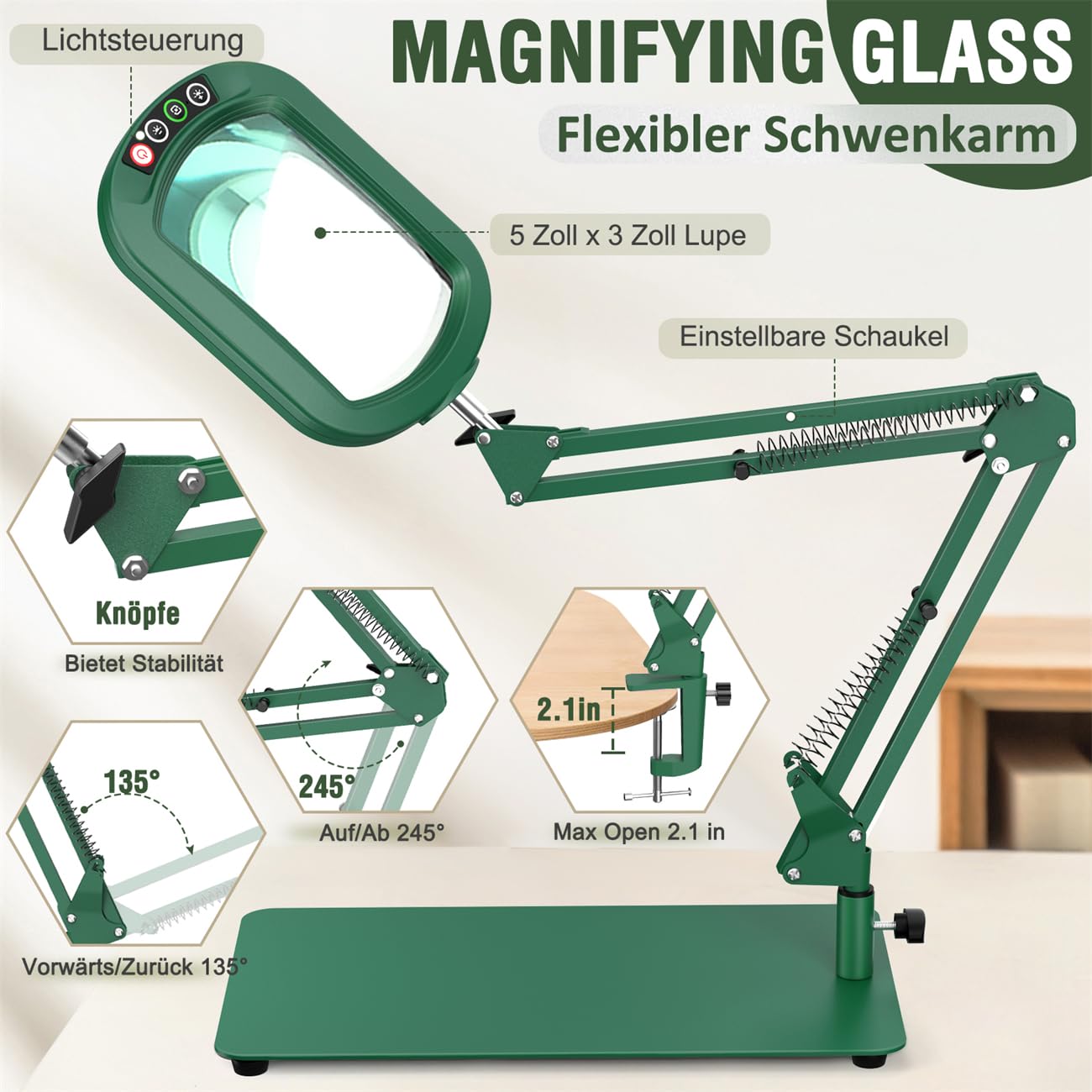 Veemagni Lupa Rectangular 12X con luz y Soporte, 5 Modos de Color Regulable sin Niveles, lámpara de Escritorio 2 en 1 iluminada LED y Abrazadera, Manos Libres Lupa de Lectura para Leer artesanía