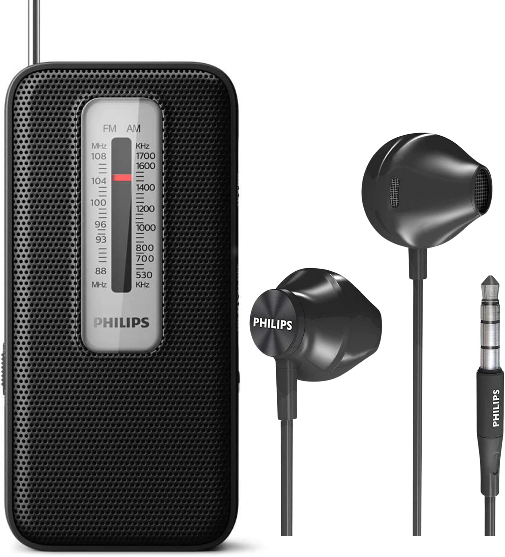 Philips AM FM Battery Operated Portable Pocket Radio, AM FM Compact Transistor Radios Player with Bonus Philips in-Ear Headphones (Black)