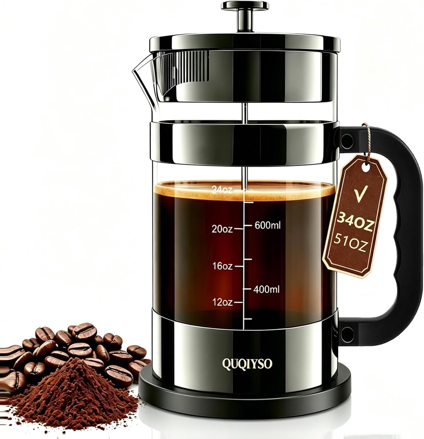 French Press Coffee Maker, 304 Stainless Steel French Press with 4 Filter, Heat Resistant Durable, Easy to Clean, Borosilicate Glass Coffee Press, 100% BPA Free Glass Teapot, 34oz, Dark Pewter