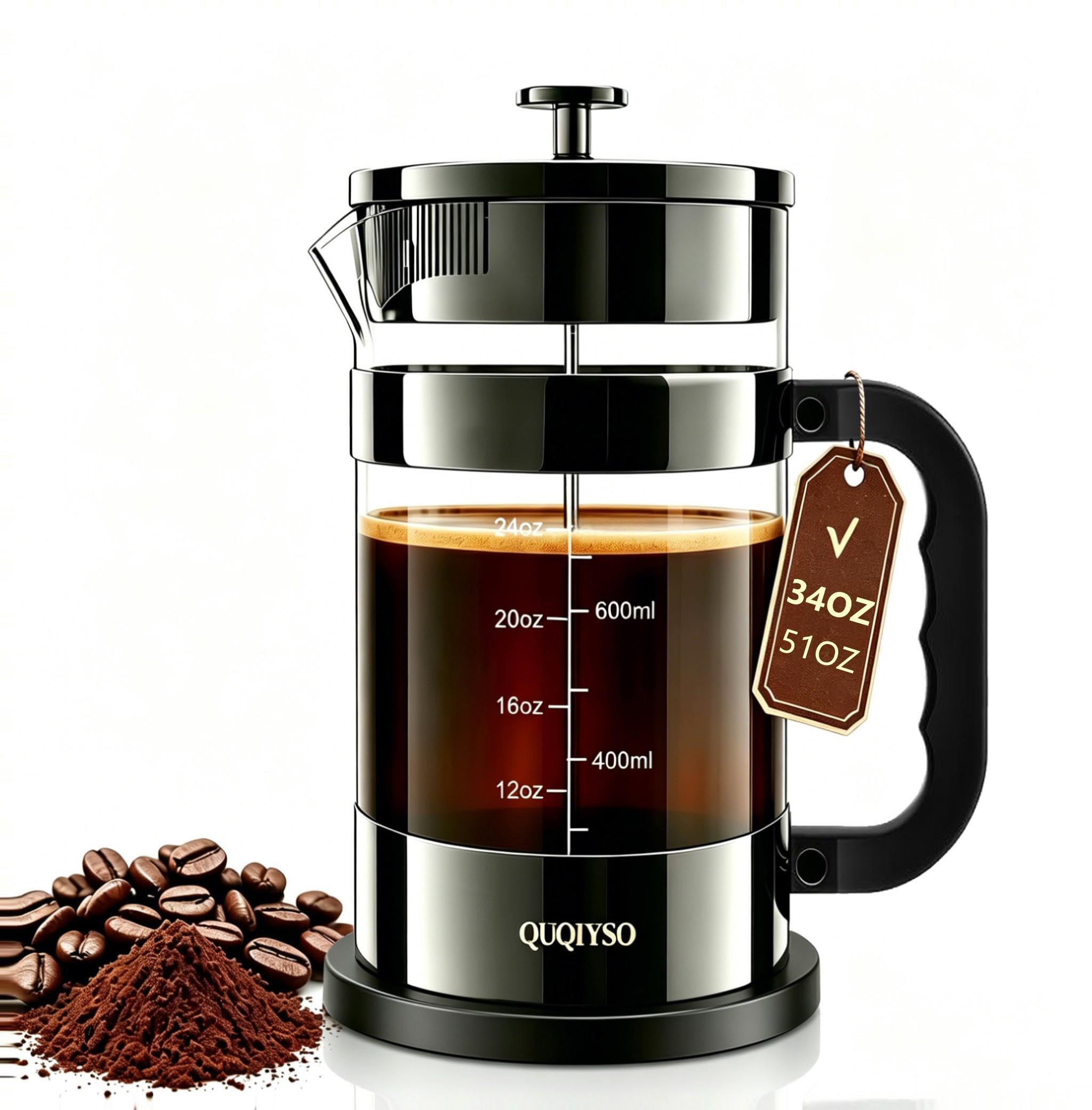QUQIYSO French Press Coffee Maker 34oz, Thickened Glass Coffee French Press