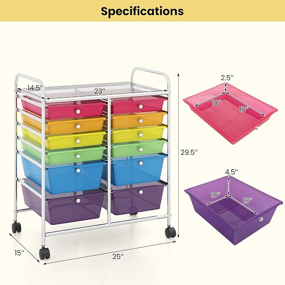 12 Drawers Rolling Storage Cart, Multipurpose Storage Organizer Cart with Lockable Casters, Mobile Utility Cart for Garage Office Home Kitchen (Rainbow+Clear)