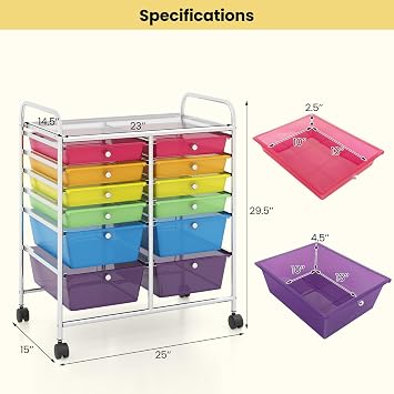 12 Drawers Rolling Storage Cart, Multipurpose Storage Organizer Cart with Lockable Casters, Mobile Utility Cart for Garage Office Home Kitchen (Rainbow+Clear)