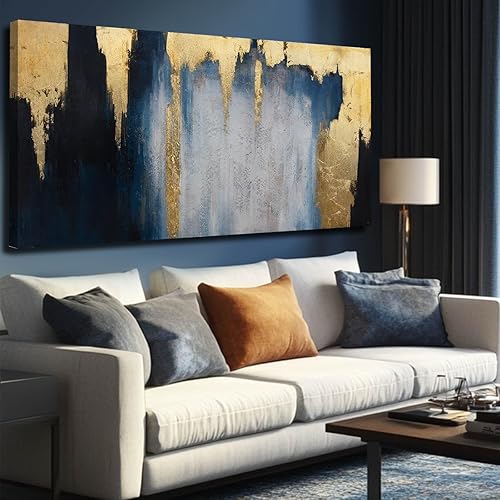 MLART99 Pósteres de arte abstracto azul y blanco para pared, pintura dorada para oficina en casa, 29 x 58 pulgadas, impresiones de pared de gran