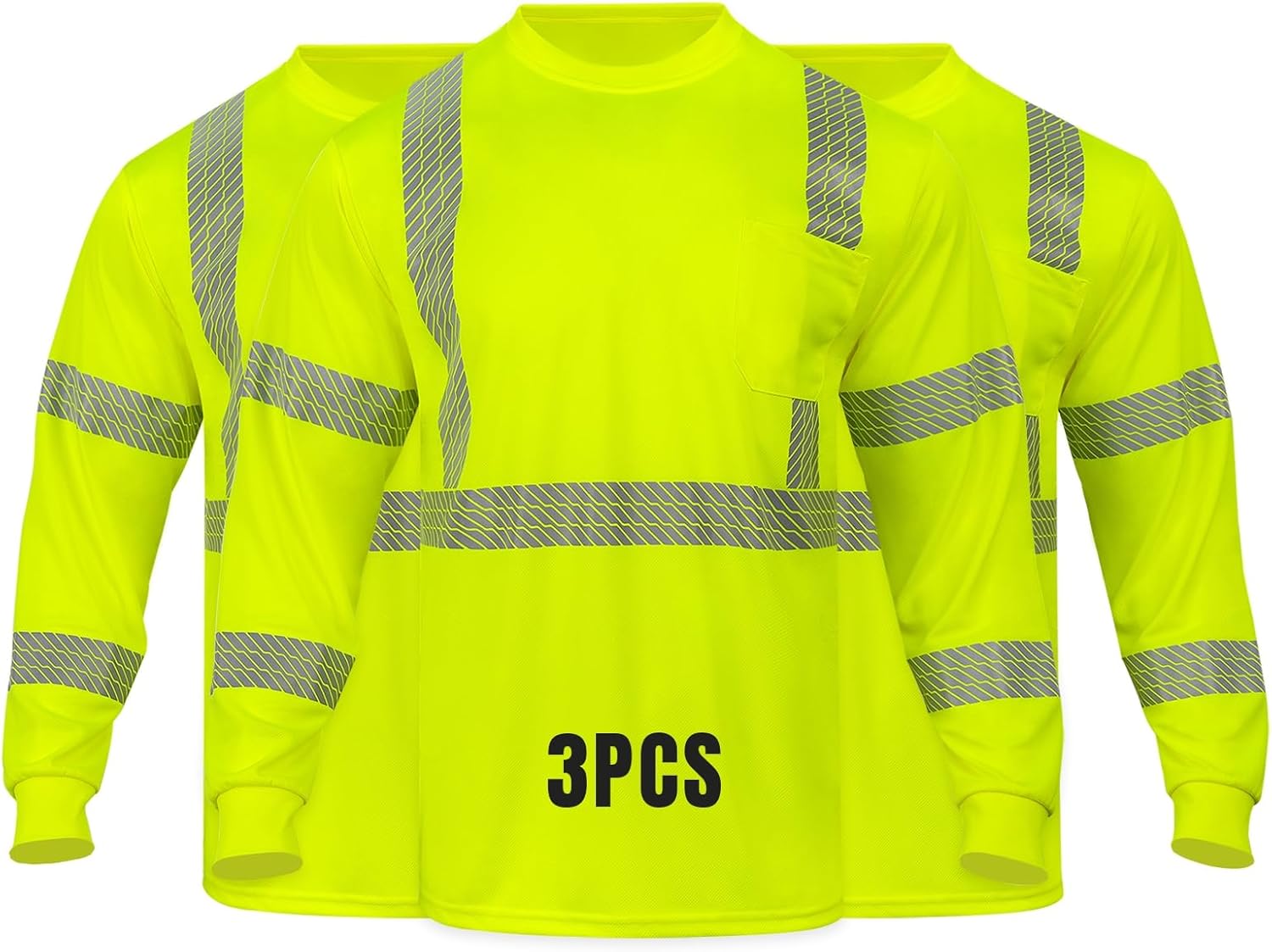 3pcs Hi Vis Safety Reflective Shirts Class 3 High Visibility Construction Breathable Long Sleeve Work Shirts for Men