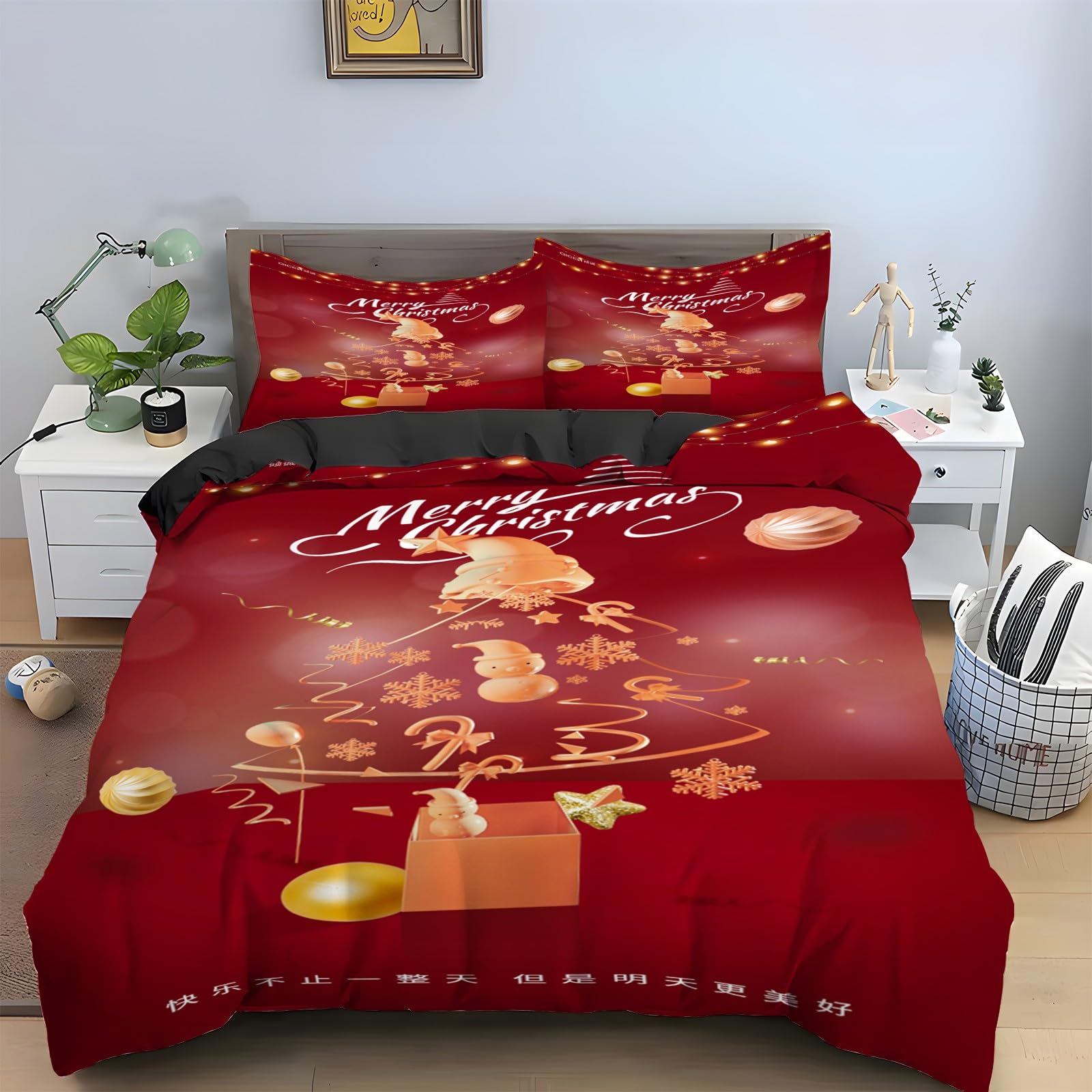 Housse de couette Noël 90x190 microfibre parure lit 3 pièces sapin
