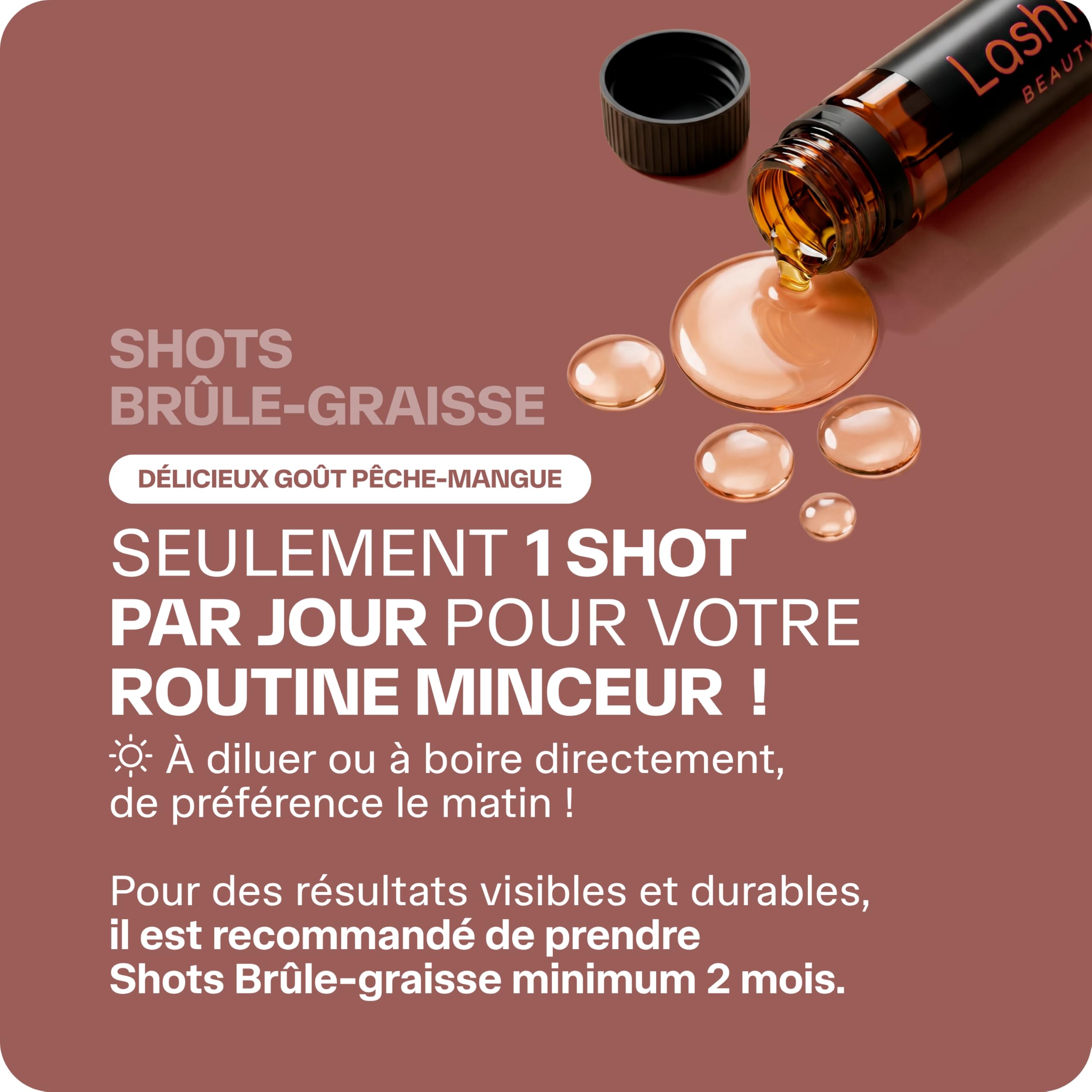 Lashilé Beauty- Shots Minceur à Boire 14 Jours- Guarana, Fer, Chrome- Complément Alimentaire Perte de Poids- Vegan Sans Sucres- Goût Pêche Mangue - Programme 14 Jours