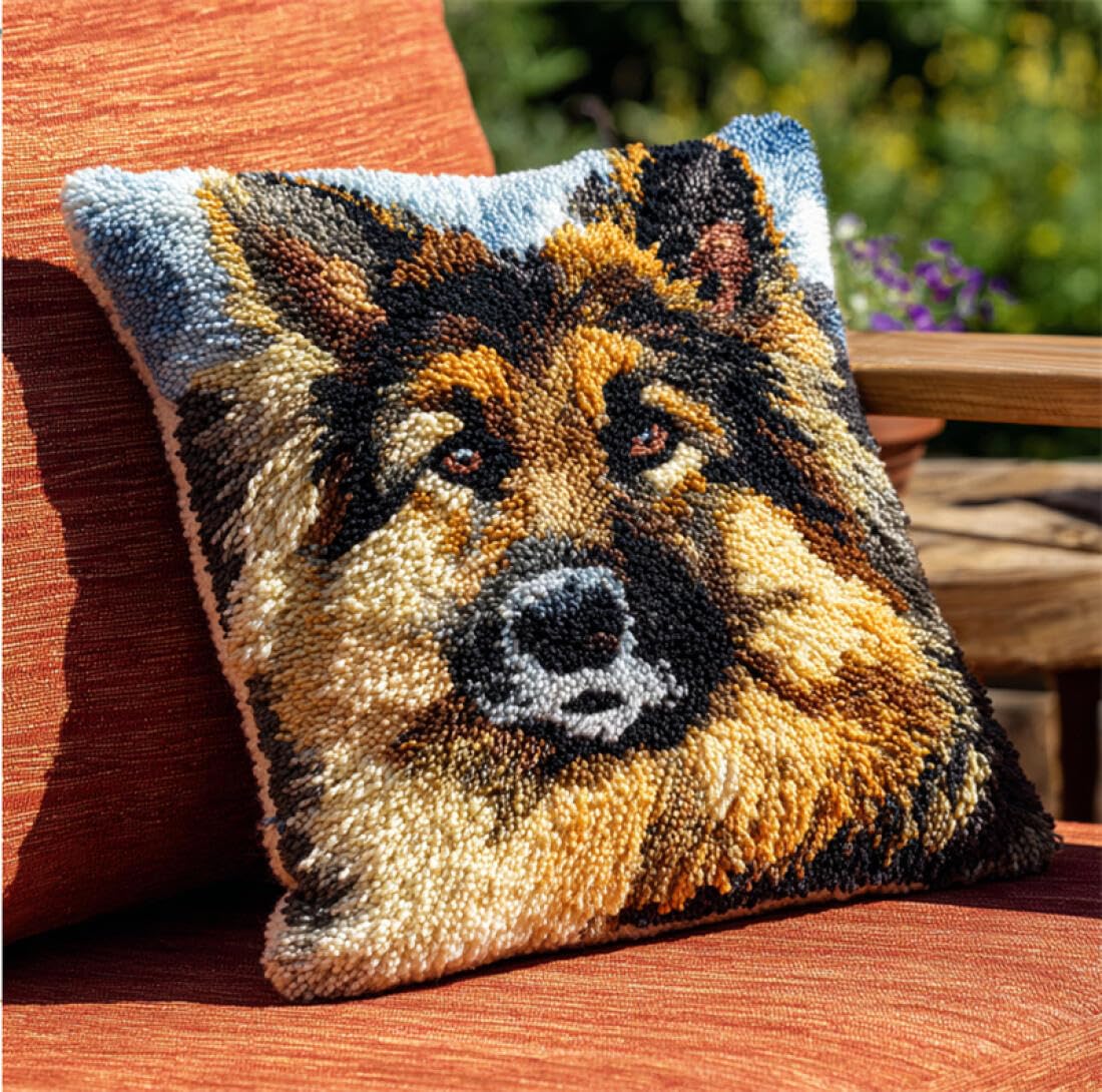 Kitquiver Animal DIY Latch Hook Kit Cartoon German Shepherd DIY Tapestry Throw Pillow Cover Needlepoint Cushion Kits for Home Décor Needlework Kit for Beginners 17x17In