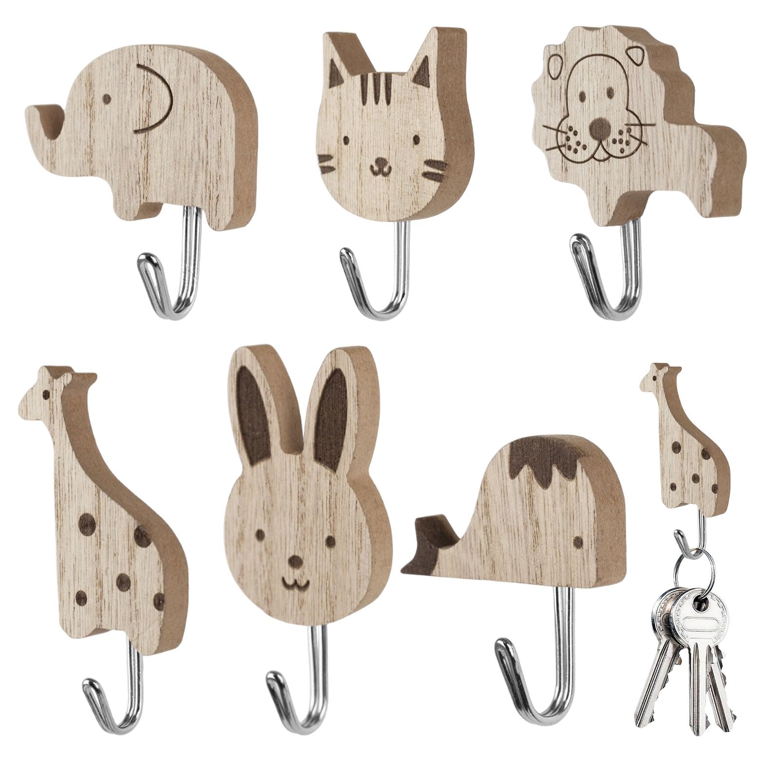 6PCS Wooden Animal Wall Hooks,Kids Coat Hooks,Cute Animal Kids Coat Hooks,A nimal Wall Hooks,Self-Adhesive Towel Hanger,Wooden A nimal W all H ooks For Towels,Bags,Hats and Coats Bedroom Decor