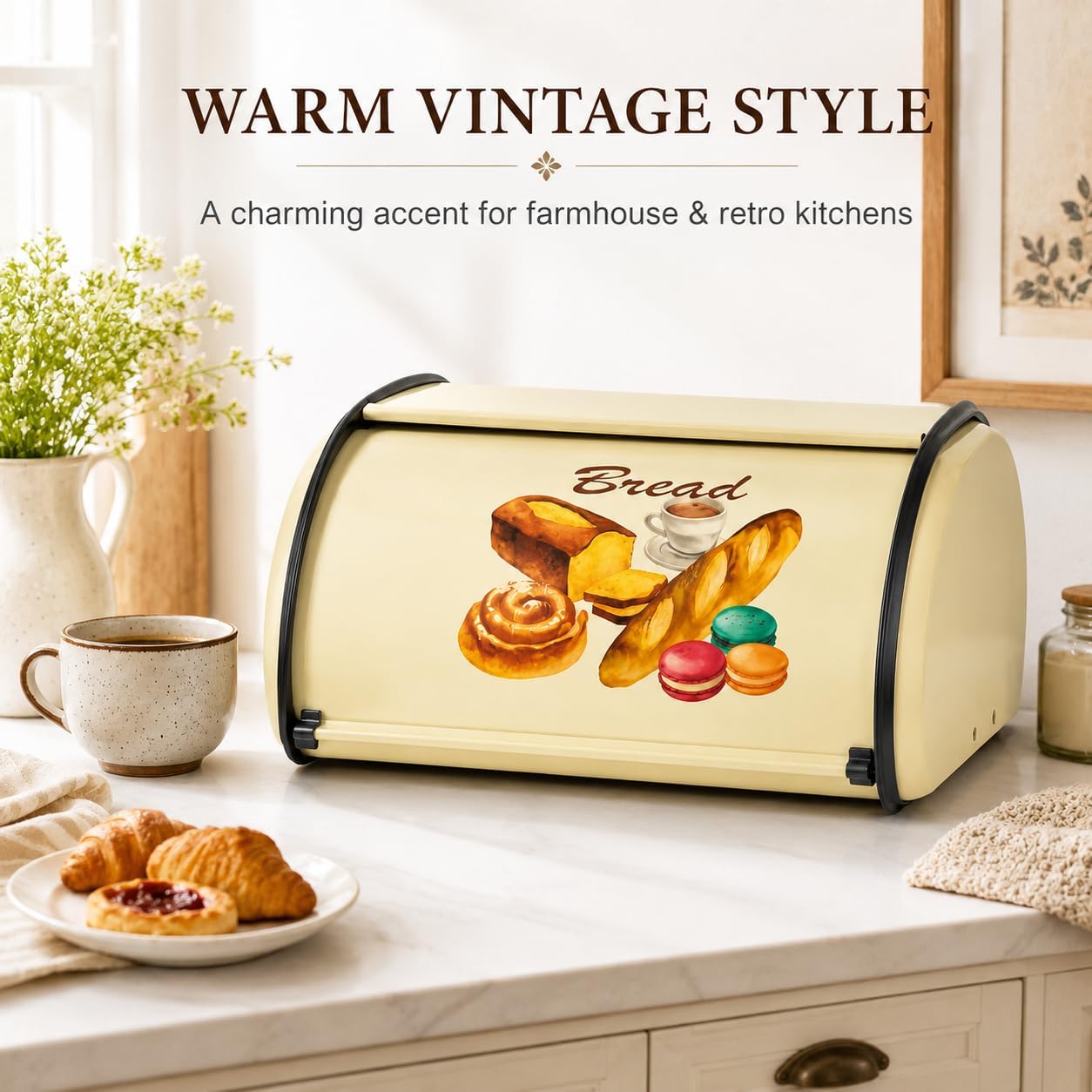 Yellow Bread Box – Vintage Metal Bread Bin with Roll Top Lid for Kitchen Countertop, Compact Bread Storage Container for Loaf, Bagels and Pastries, Retro Farmhouse Kitchen Decor, Cream Yellow
