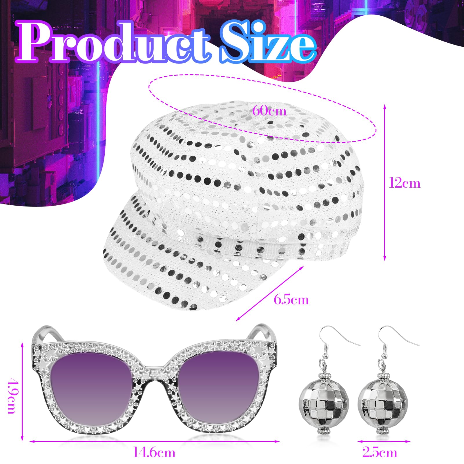 CIGTSICO 3 Piece 70s Abba Disco Accessories Set including Sparkling Hat, Earrings, Glasses for Girls Theme Party Gathering Silver - Image 2