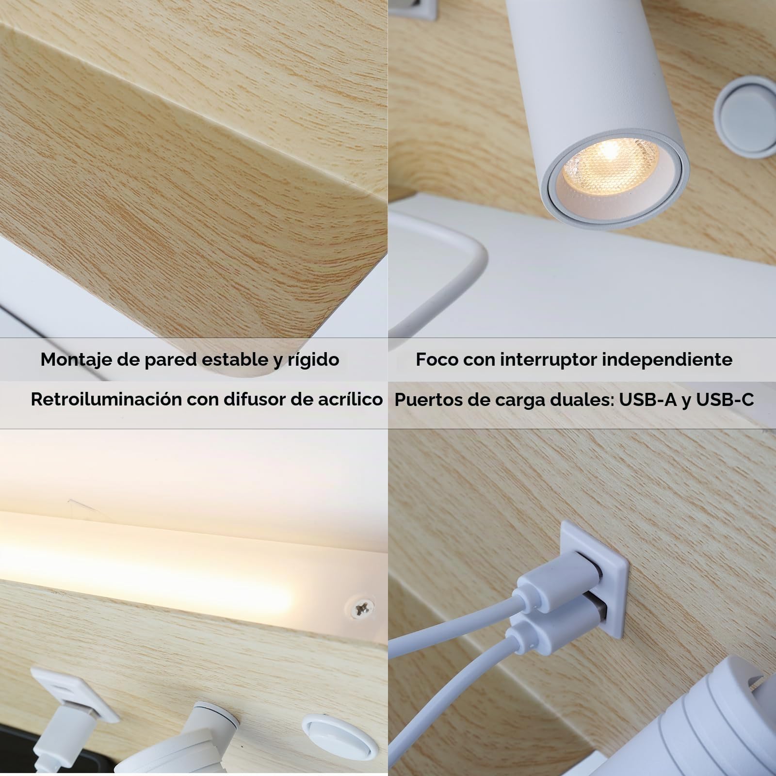 Alpinaluz Aplique de Pared con Foco Derecho, Luz LED de Lectura y Ambiente 2700K, USB-C y USB-A, Repisa para Móvil, Acero con Acabado Madera Clara, Doble Interruptor para Dormitorio Cabecero