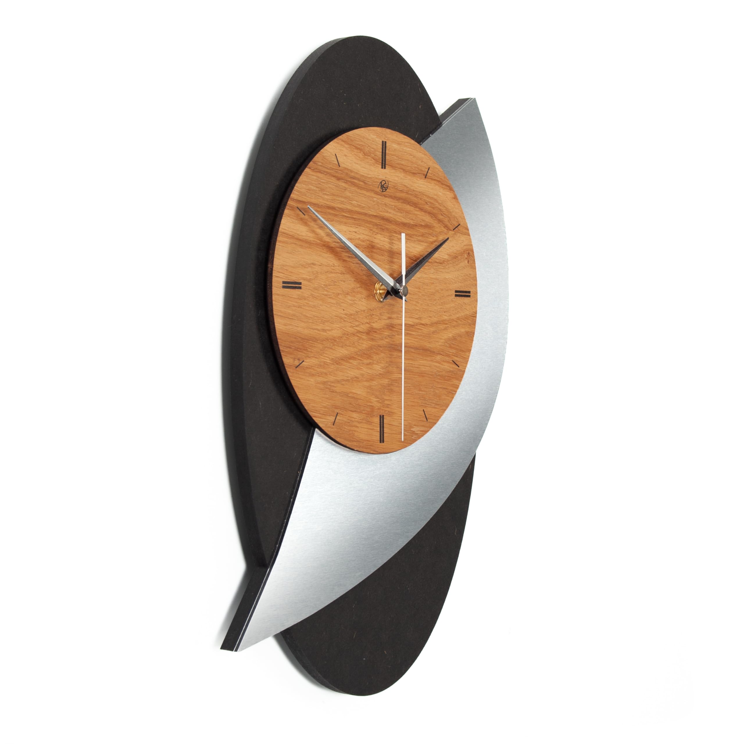 Designer Wanduhr Black Dome aus Holz in modernem Metallic-Look braun, schwarz, Silber; Größe 29x40cm; mit leisem Uhrwerk (leises Funkuhrwerk)
