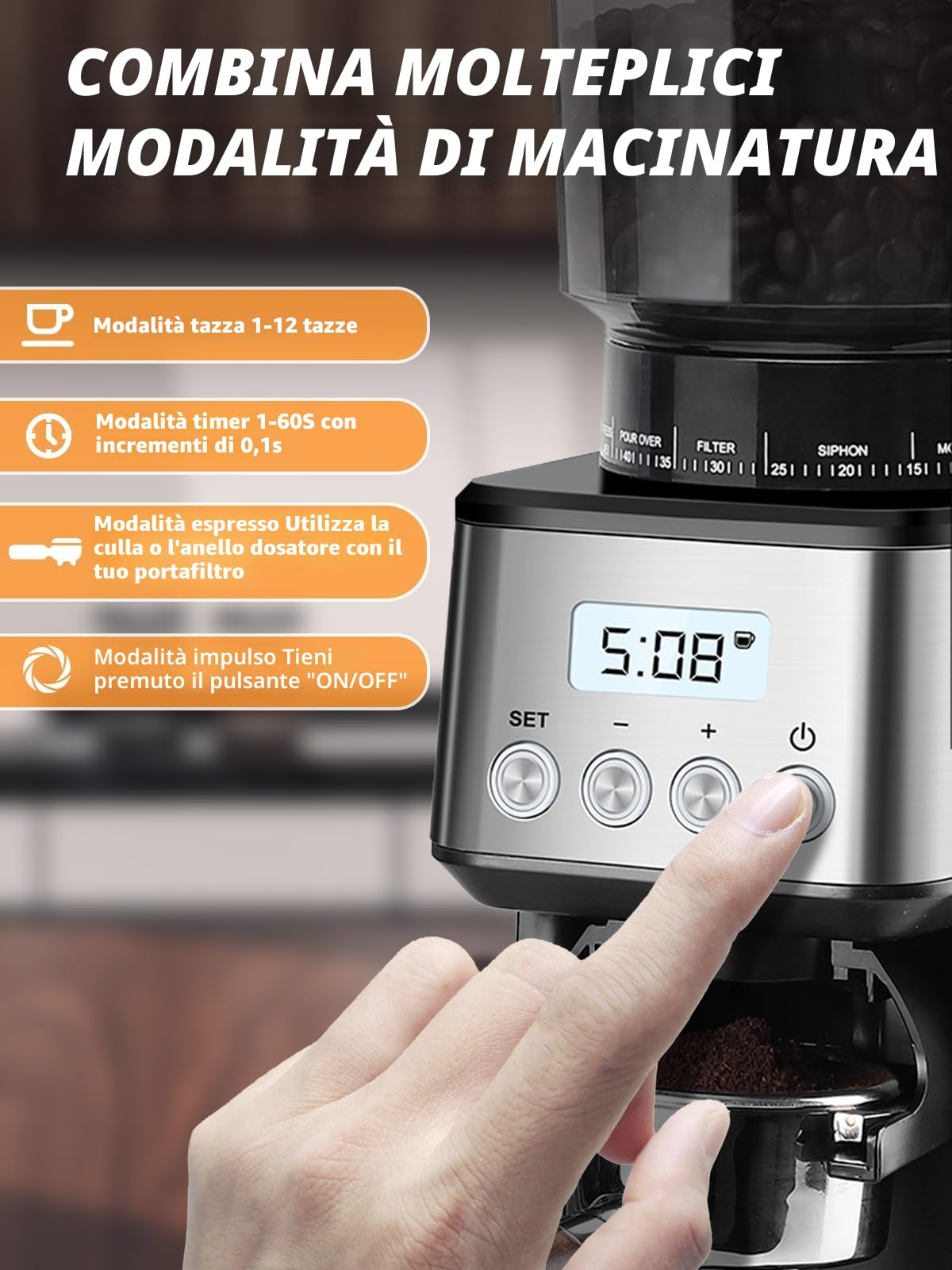 Homtone Macinacaffè Elettrico con 51 Livelli di Macinatura Regolabili, Macine Coniche in Acciaio Inox, Tecnologia Antistatica, per Espresso, Caffè Filtro e French Press, 160W (Argento)