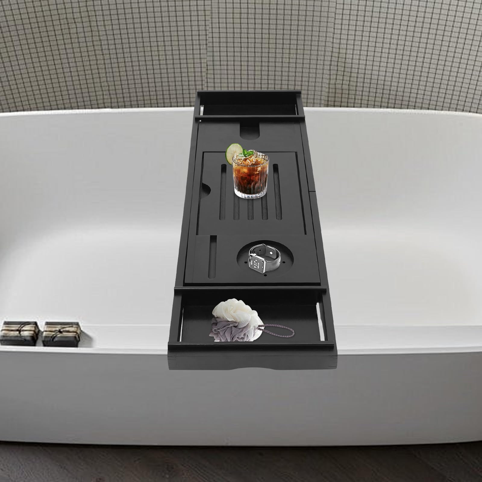 Bandeja de baño de bambú expandible con ranuras de almacenamiento ajustable de 79 a 111 cm, accesorios de baño elegantes, se adapta a la mayoría de las bañeras, color negro, perfecto para una