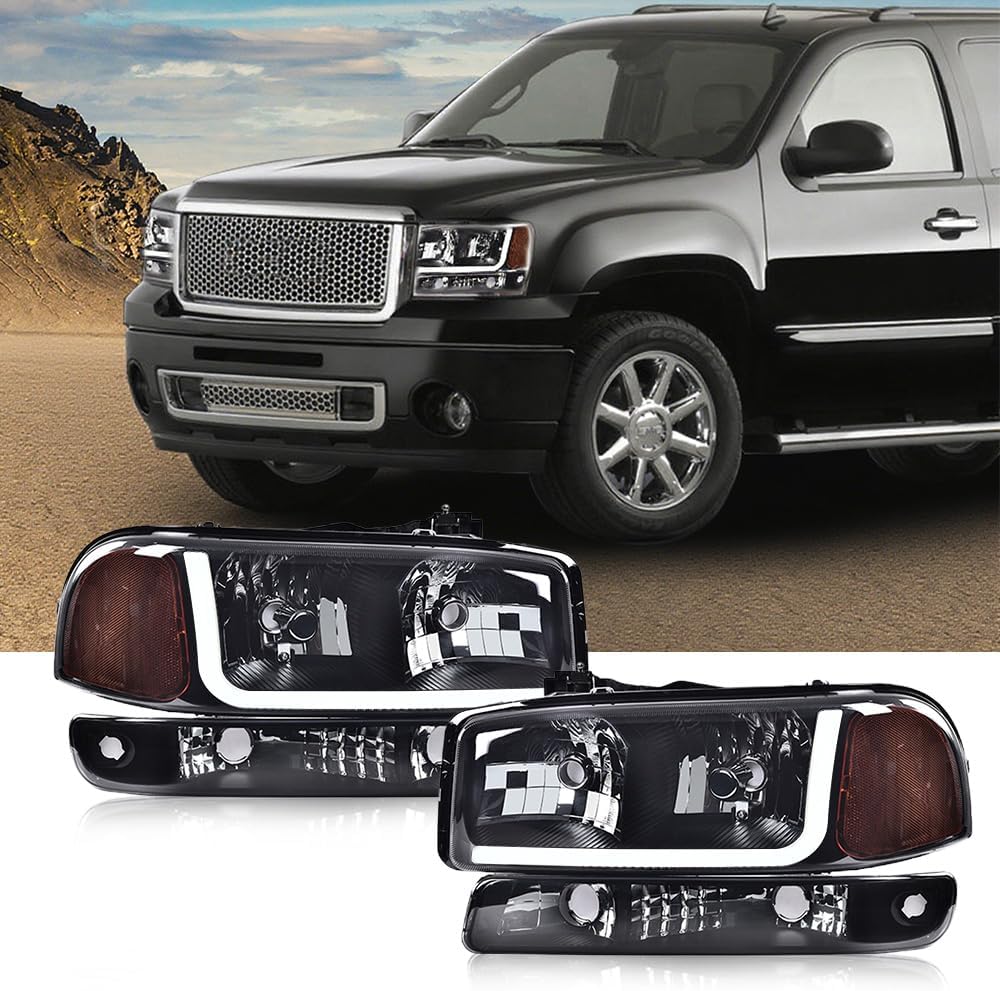 G-PLUS LED DRL Headlights Assembly, Compatible with 1999-2007 GMC Sierra 1500/2001-2007 GMC Sierra 1500 HD Bumper Headlamps, Smoky Lens Black Housing Amber Reflector,faros delanteros