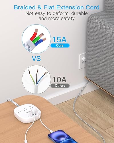 Miniatura 9 de Regleta de alimentación de escritorio con 3 tomacorrientes, 4 puertos USB de 4.5 A, enchufe plano y cables de extensión trenzados de 10 pies de