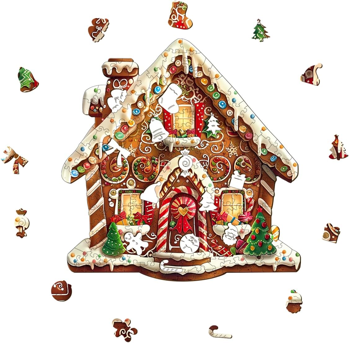 Wooden Puzzles Adults, Christmas Gingerbread House Unique Shaped Wood Puzzle, Challenging 185pcs Jigsaw Puzzle, Holiday Xmas Stocking Stuffers Gifts for Men Women, 11.5x11in Wall Decor