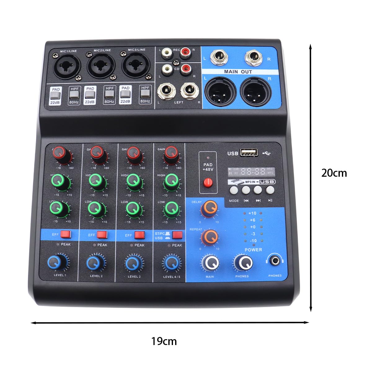 Riven Mini Audio DJ Mixer Sound Board Sistema de Consola de 5 Canales 48V USB MP3 Estéreo DJ Estéreo Live DJ Studio Streaming para fiestas de grabación profesional KTV Stage