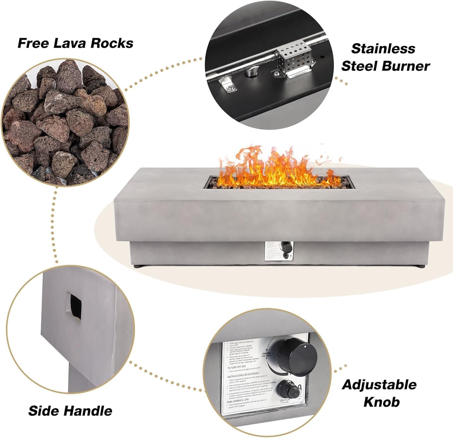 60Inch Fire Pit Table Propane with Tank Cover Windy Guard, 50,000 BTU Concrete Rectangle Firepit for Outside Patio with Metal Lid, Lava Rocks, Rain Cover, Backyard, Outdoor