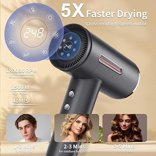 Miniatura 9 de Secador de pelo, secador de pelo iónico negativo para secado rápido, motor sin escobillas de alta velocidad de 180,000 RPM, secador de pelo con