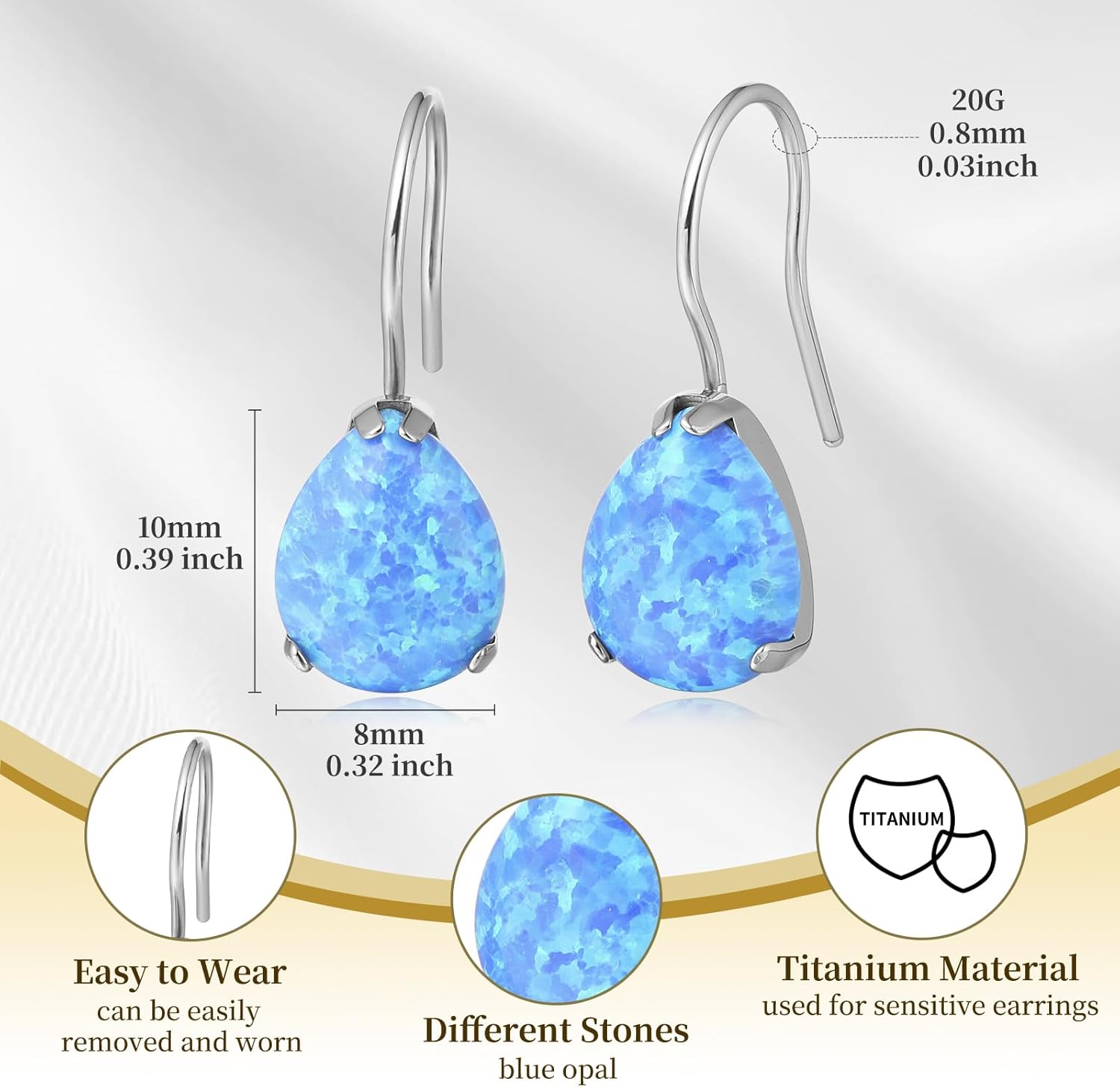 Limerencia Hypoallergenic Pure Titanium Cubic Zirconia Dangle Hoop Earrings, Water drops CZ/Opal Lightweight Drop Earrings for Sensitive Ears Women